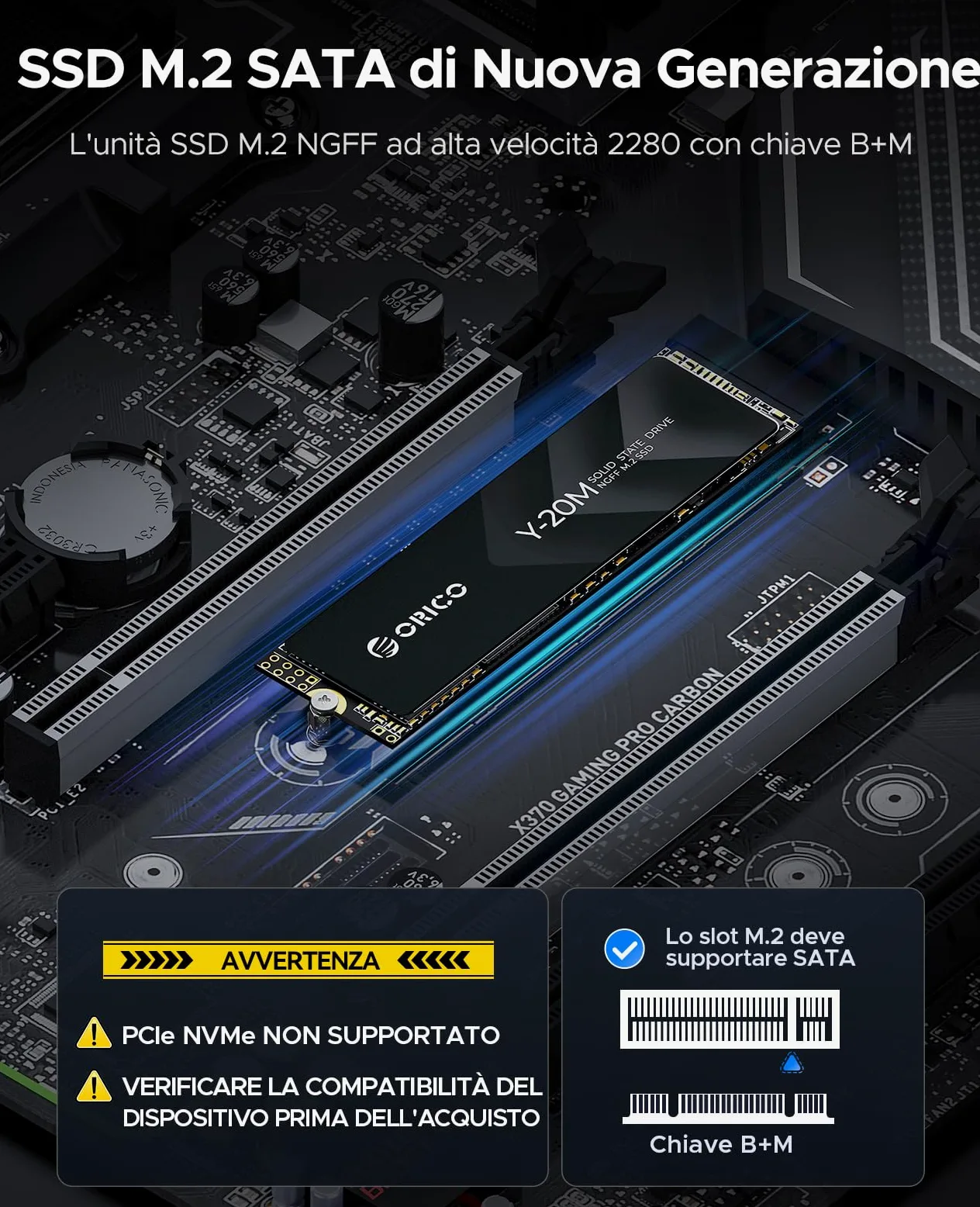 ORICO 512GB M.2 2280 SATA SSD, SATA III 6Gbps SSD M2 con Chiave B+M, 500 MB/s Unità a Stato Solido Interna per Desktop/Portatili - Y20M