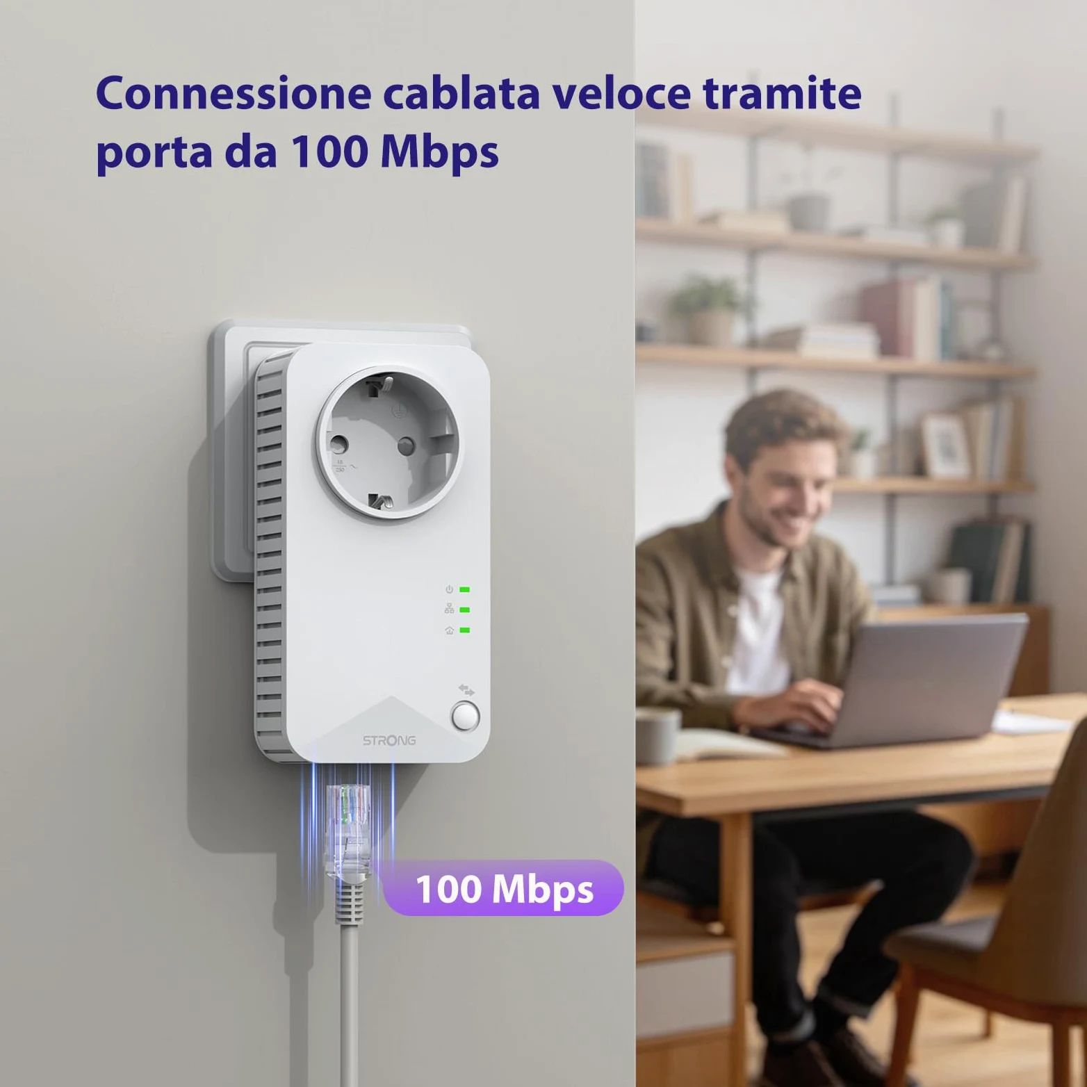 STRONG AV600 Kit Powerline con Pass-Through, WiFi 300Mbps, Presa Integrata, Ripetitore Powerline WiFi HomePlug AV2, Plug & Play, Modalità Risparmio Energetico, Port LAN 100Mbps (POWERLWF600DUOEUV2)