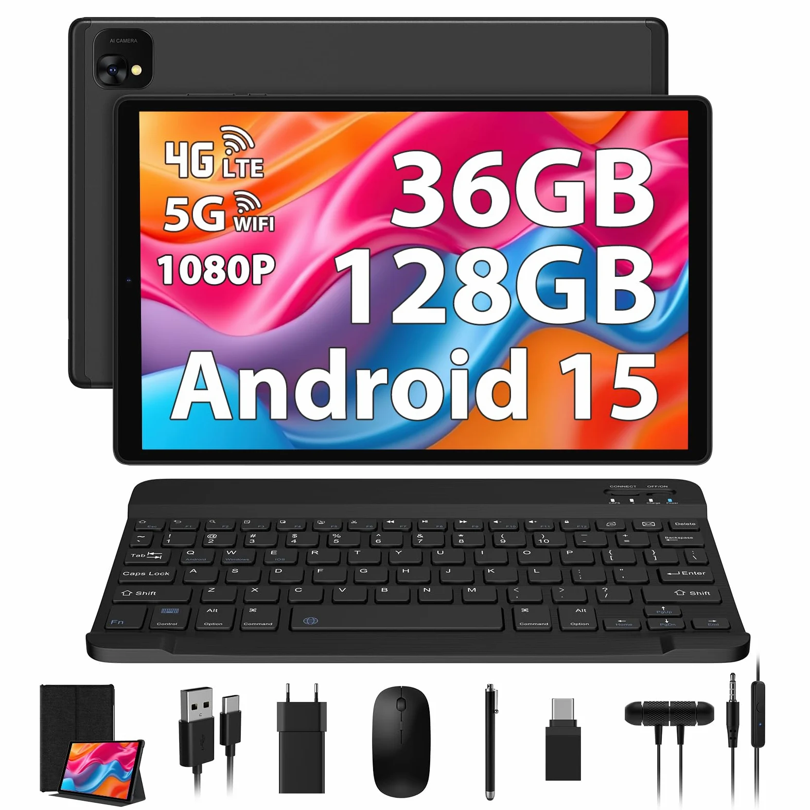 Tablet 10 pollici 4G lte e 5G WiFi, Android 15.0 Octa-Core 2.0GHz, 36GB RAM, 128GB ROM (1TB Espandibile), 1920 * 1200FHD, 13MP+8MP, Tablet con Tastiera etc, GPS/Bluetooth(Nero)