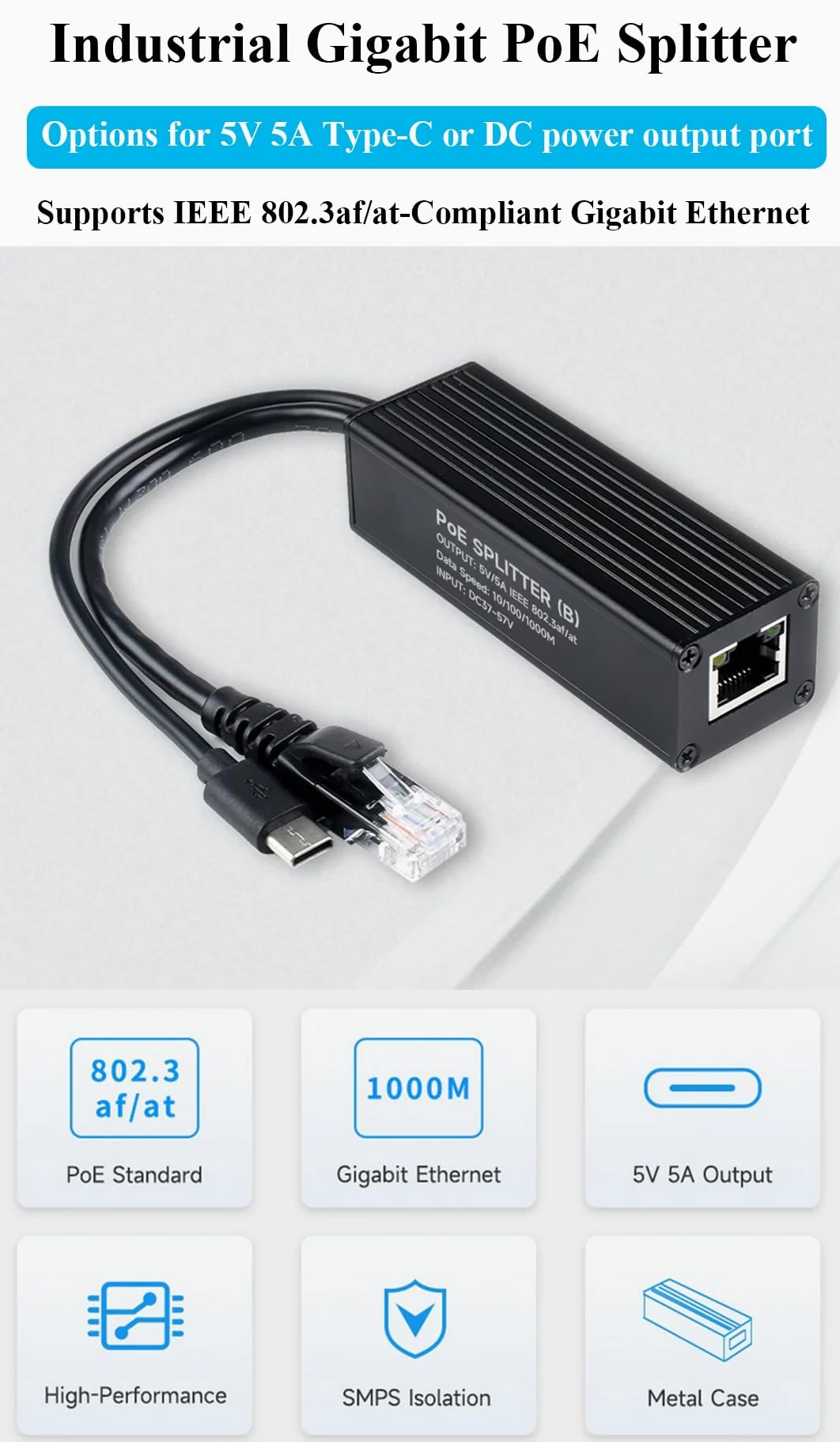 Splitter industriale Gigabit PoE 5V 5A 25W uscita, 1000Mbps, porta USB di tipo C | Power Over Ethernet Splitter compatibile con Raspberry Pi 5 4B 3B+ 3B/telecamera di rete