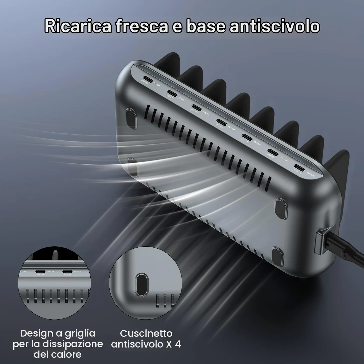 SooPii Stazione di ricarica USB C a 7 porte Premium da 140W per più dispositivi, ciascuna con ricarica rapida PD da 20W per telefono e tablet, 7 cavi misti inclusi, nero