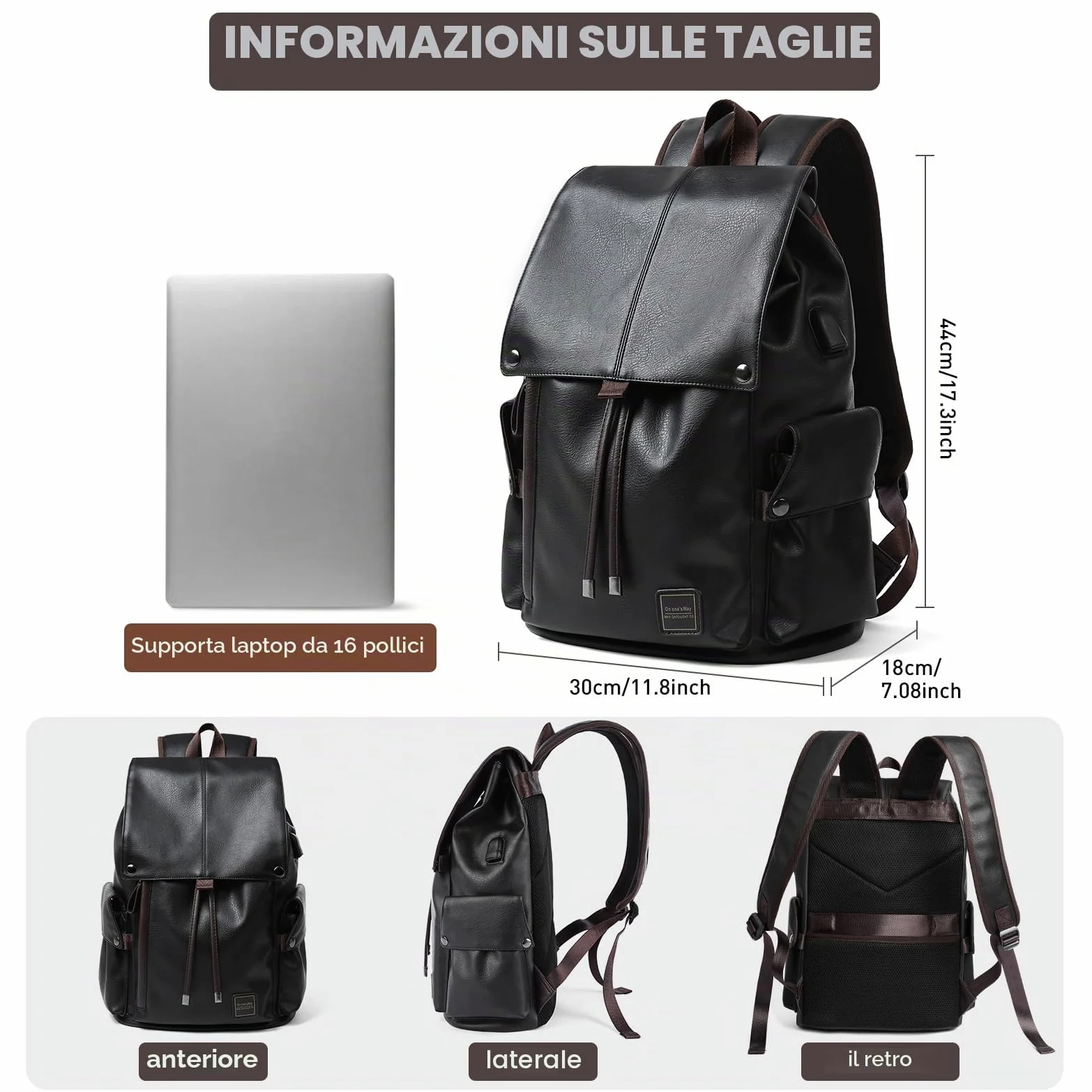 Zaino in Pelle Impermeabile per Laptop 15,6 Pollici, Vintage Elegante per Donna, Lavoro Uomo in Pelle Sintetica, Nero Con Presa USB per Affari, Scuola, Viaggi, Università