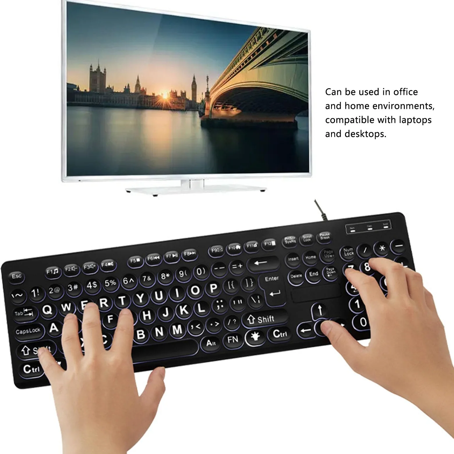 Fockety Tastiera retroilluminata a Stampa Grande, Tastiera USB cablata per Computer a 104 Tasti, Tasti a Lettere sovradimensionate Facili da Vedere e digitare per ipovedenti e Anziani