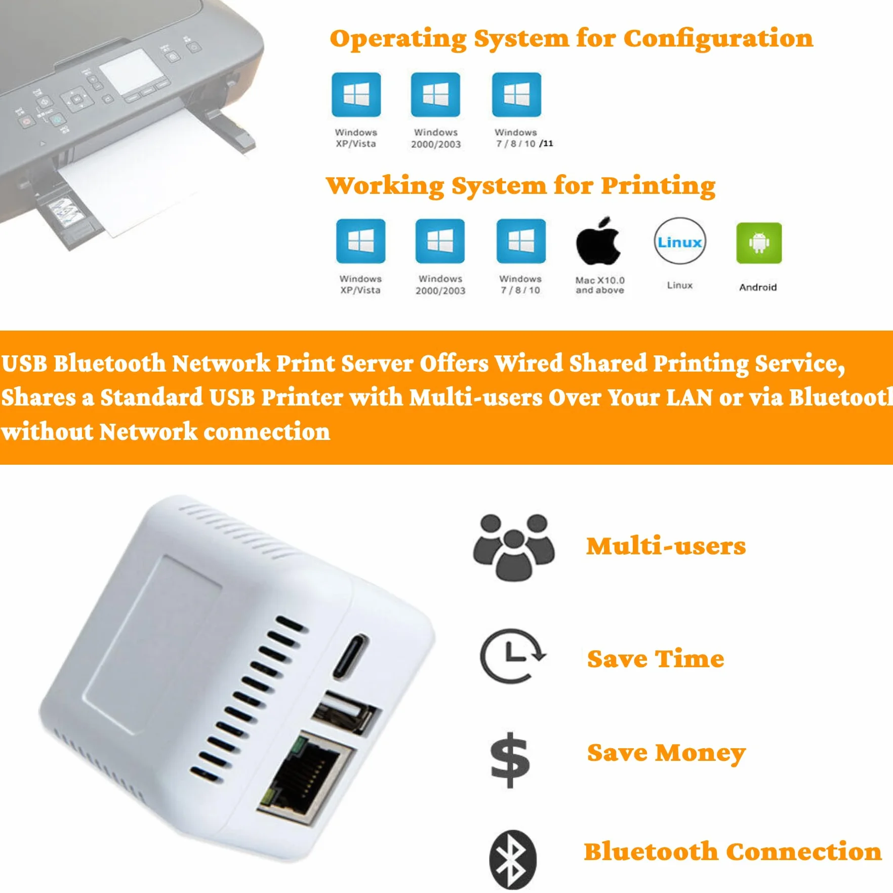 Server di Stampa di Rete USB 2.0 Server di Stampa USB Server di Condivisione di Stampa Compatto LAN 5 V Server di Stampa Wireless per Windows XP per Android per Linux (Spina