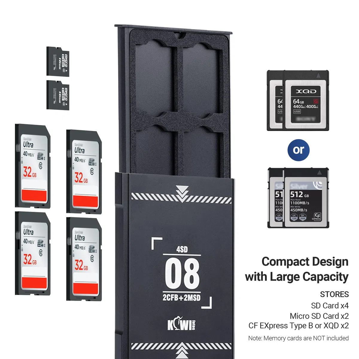 KIWIFOTOS Custodia per schede di memoria estraibile, in alluminio, con 8 scomparti, porta schede Micro SD, 4 schede SD e 2 CF Express Type-B o XQD e 2 micro SD