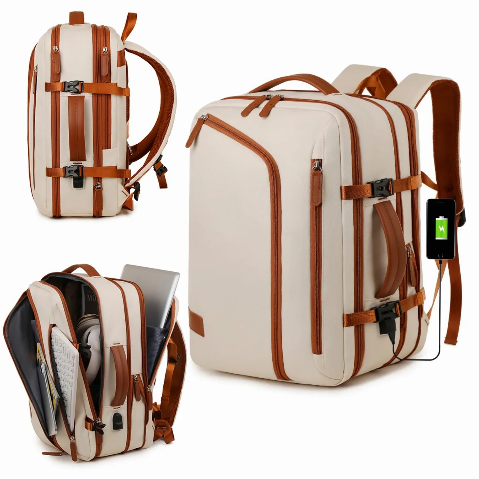 Zaino da Donna per Laptop di Grande capacità, Viaggio in Stile Semplice Affari, Lavoro E Uso Quotidiano-Beige