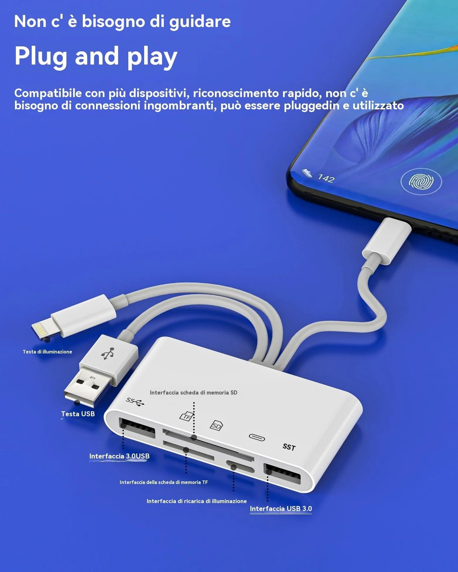 Adattatore USB C Lightning USB(5in1) OTG 3.0 Cavo Lettore Schede SD Per Apple IPhone 15 14 Micro SD Scheda Card Reader TF Memoria Chiavetta Per iPad PC Adapter Camera Memory Compatibile Per Samsung
