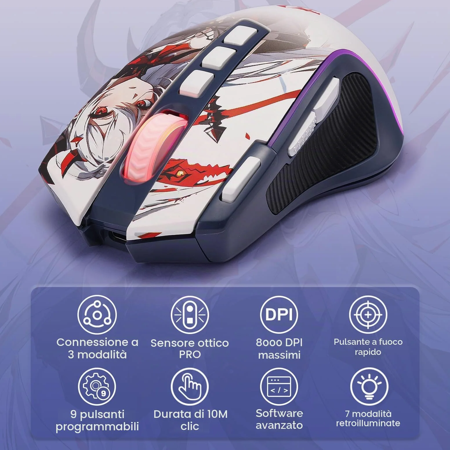 Redragon M612AK PRO Mouse Gaming 3 Modalità RGB | 8000 DPI 9 tasti programmabili 7 RGB BT+2.4G software macro tasto fuoco rapido