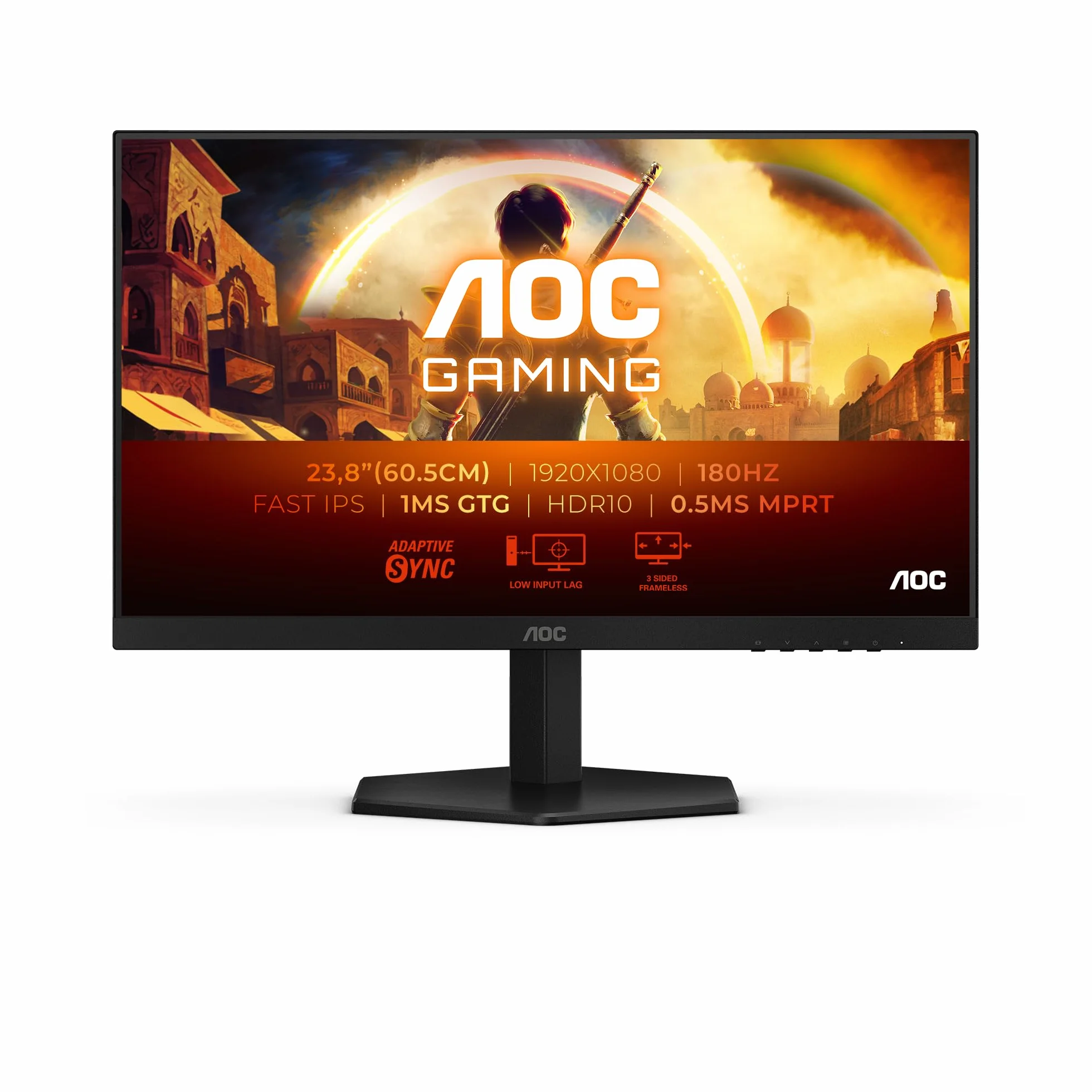 AOC Gaming Monitor 24G42E 24 pollici 1920x1080, FHD, 180Hz, Fast IPS Panel, 1ms GtG, (HDMI1x 2.0 DP 1x 1.4) HDR10, G-Sync Compatible, Nero