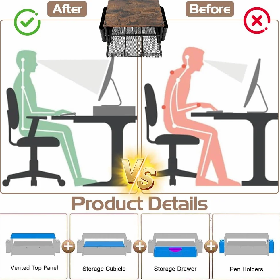 Supporto da scrivania per monitor, organizer da scrivania con 2 portapenne, cassetto, supporto ergonomico da tavolo, accessori da ufficio per schermo e laptop