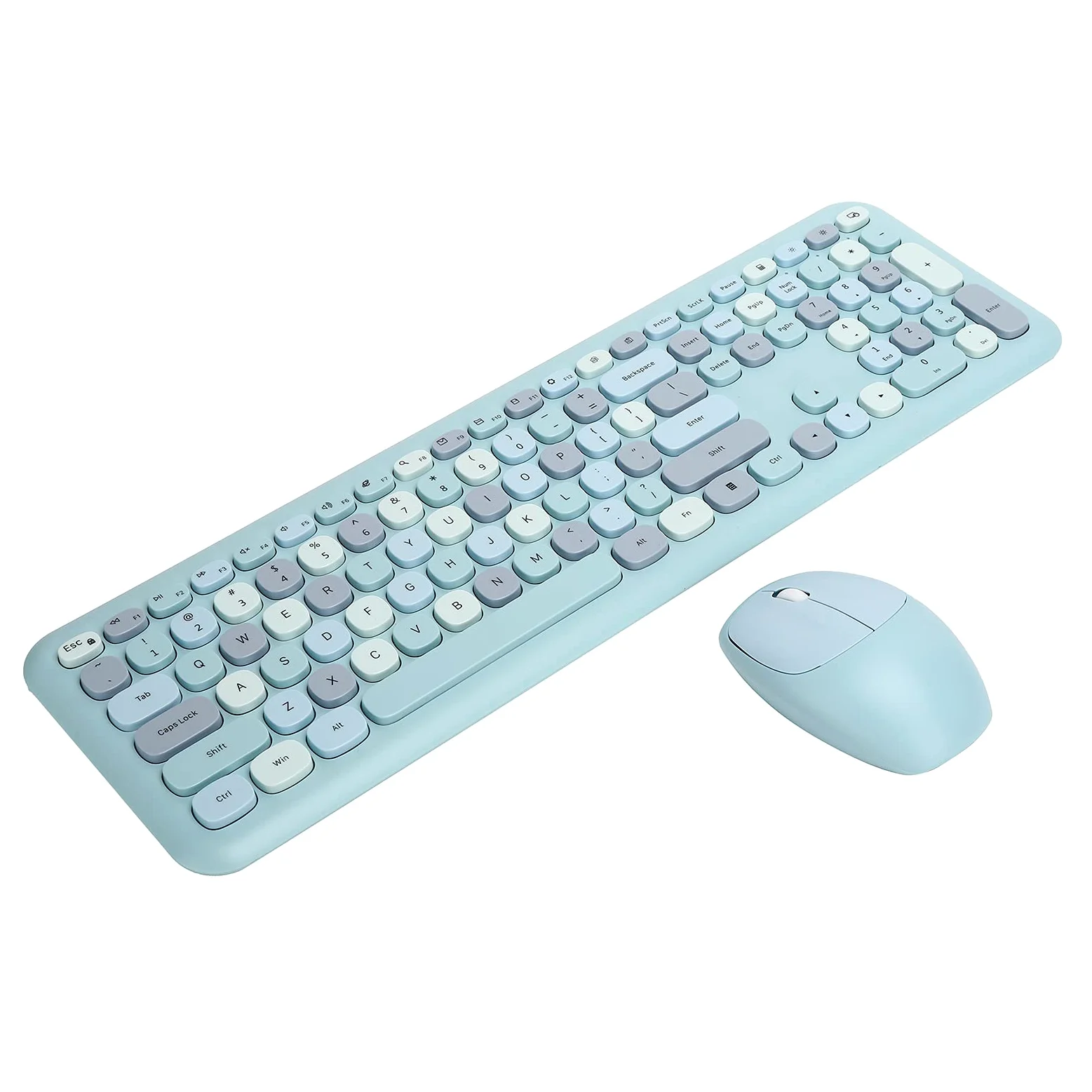 Combinazione Mouse e Tastiera Wireless, Tastiera per Macchina da Scrivere con Tasti Tondi Colorati, Tastiera Kawaii USB 2.4G Compatibile con laptop/computer(blu)