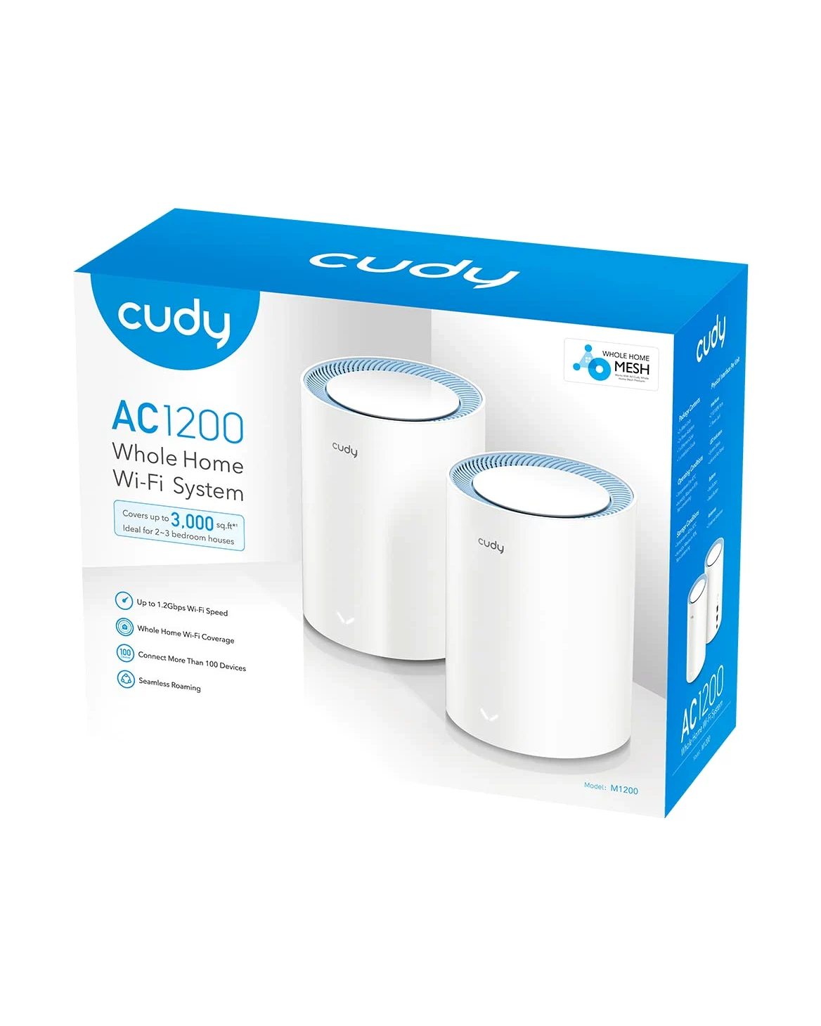 Cudy AC1200 Sistema WiFi a Rete Completa, Dual Band, Estensore WiFi, Porte 10/100M, Antenne ad alto guadagno, VPN, Cloudflare, M1200 2-Pacchetto
