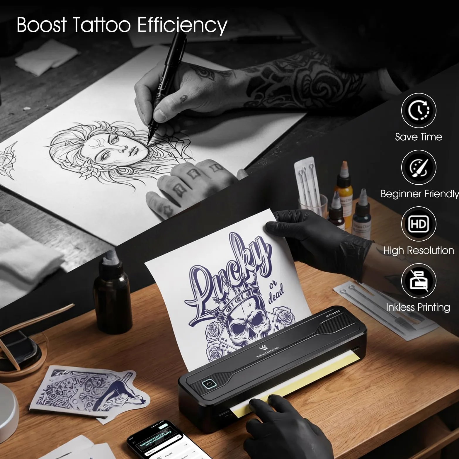 TATELF Stampante Stencil Tatuaggi Wireless A4 Termica Bluetooth | Batteria 2600mAh, 10 Fogli Carta Trasferibile, Compatibile iOS Android Win Mac, Senza Inchiostro Linee Precise per Tatuatori