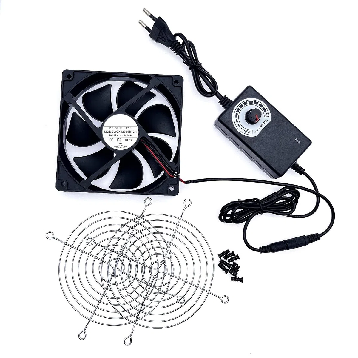 JZK 0.3A DC 12V 12cm Ventola di raffreddamento con controllo velocità regolabile, 12025 ventilatore brushless con griglia metallica per ventilatore per animali domestici, macchina ghiaccio, case PC