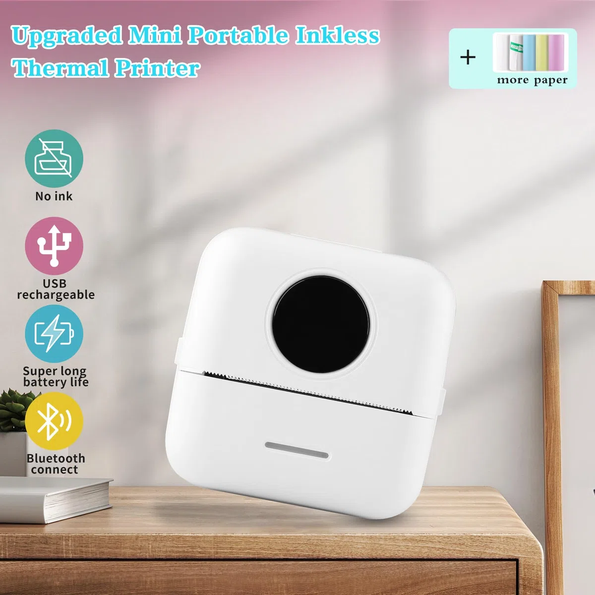 Mini Stampante Fotografica, Piccola Stampante Fotografica Istantanea Termica Portatile Bluetooth con Ricarica USB per Fotografica Note Diario Elenco Memo