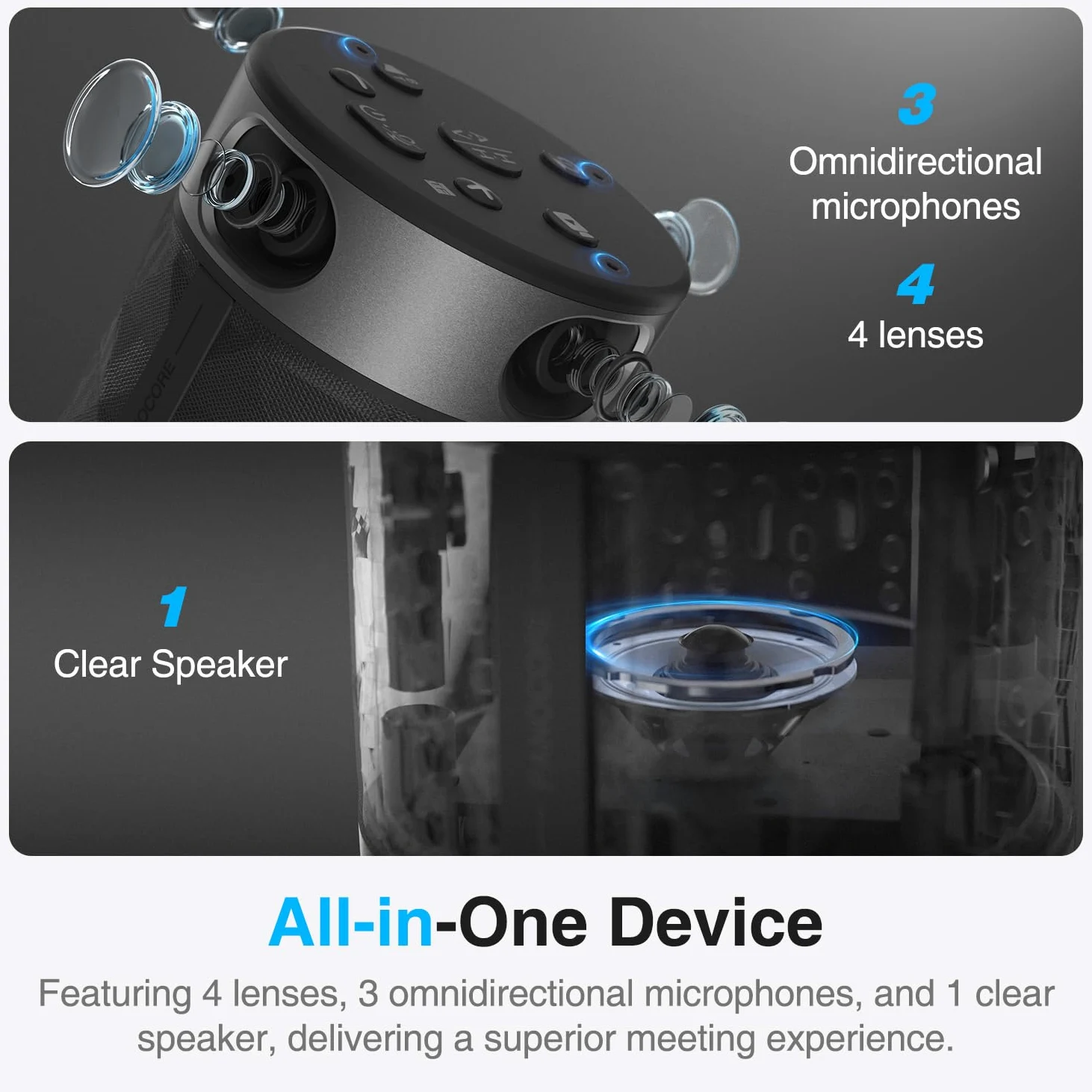 360 telecamera per conferenza all-in-one - 360° telecamera conferenza per PC e Mac, con altoparlante e microfono, riconoscimento automatico degli altoparlanti, registrazione 1080p e