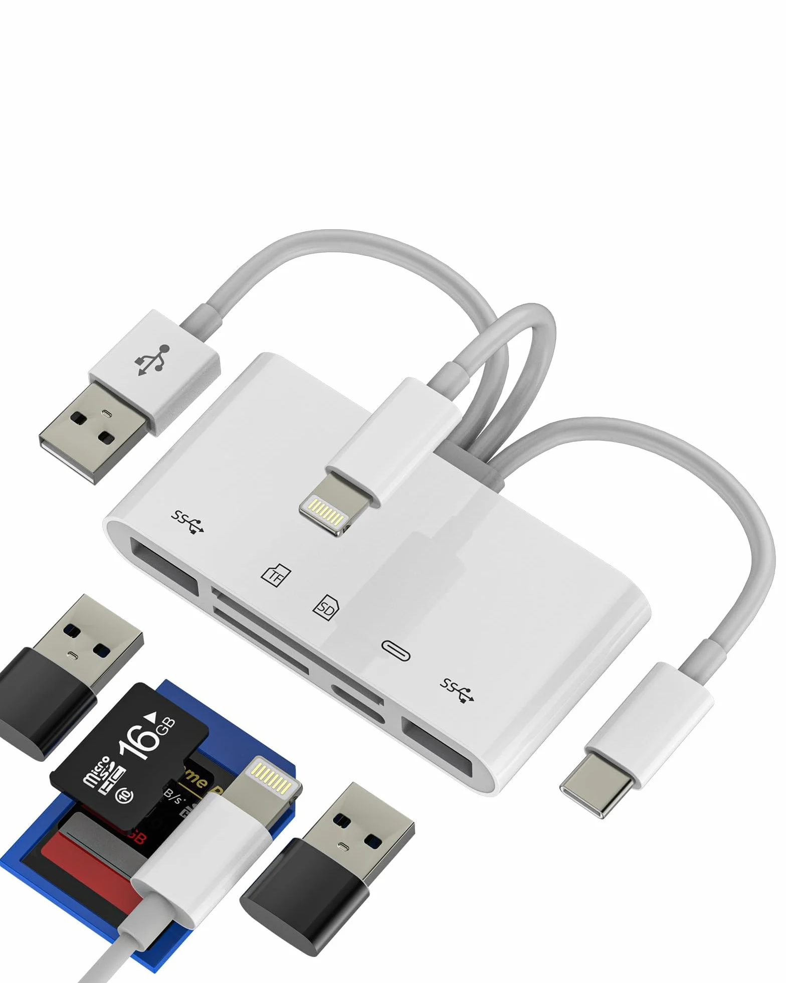 Adattatore USB C Lightning USB(5in1) OTG 3.0 Cavo Lettore Schede SD Per Apple IPhone 15 14 Micro SD Scheda Card Reader TF Memoria Chiavetta Per iPad PC Adapter Camera Memory Compatibile Per Samsung