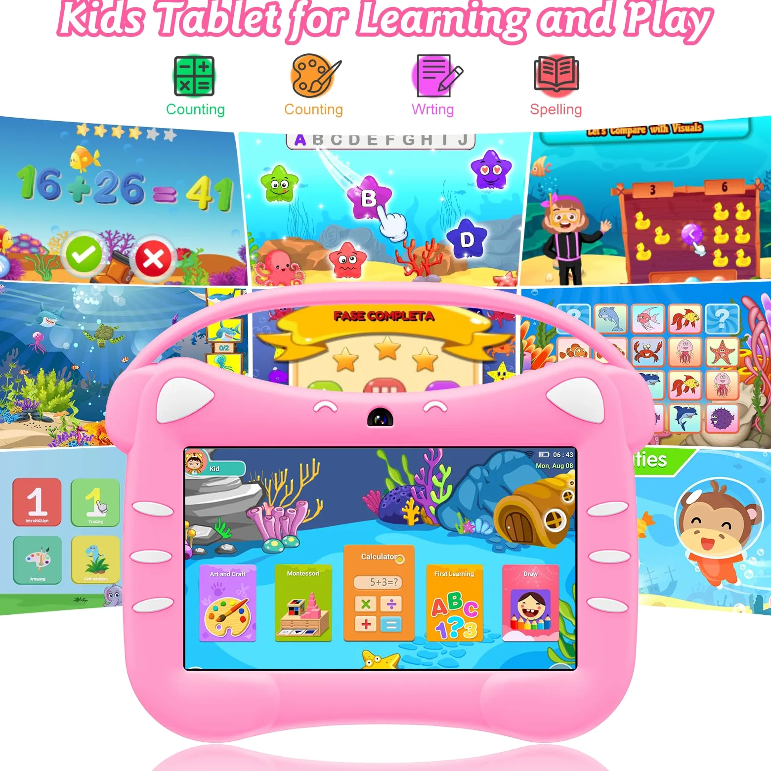 Tablet Educativo per Bambini 7 Pollici Android Tablet Bambini con WiFi Bluetooth Doppia Fotocamera 32GB ROM Controllo Parentale Custodia Protettiva (Magenta)