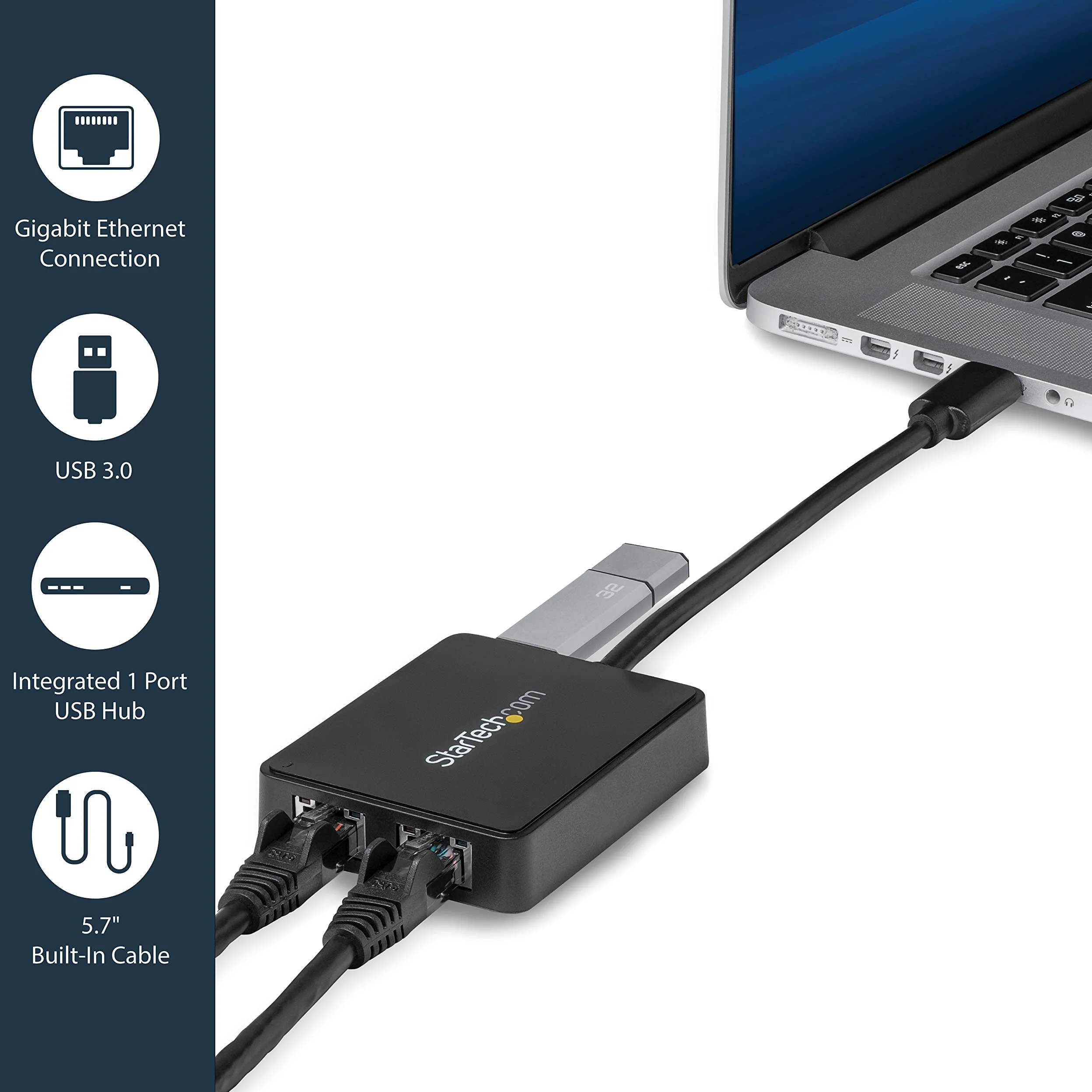 StarTech.com Adattatore USB Ethernet a doppia porta RJ45, Convertitore USB 3.0 a Ethernet 10/100/1000 Mbps,Porta USB 3.0 Pass-through integrata, Dongle USB, Adattatore di Rete LAN Gigabit(USB32000SPT)