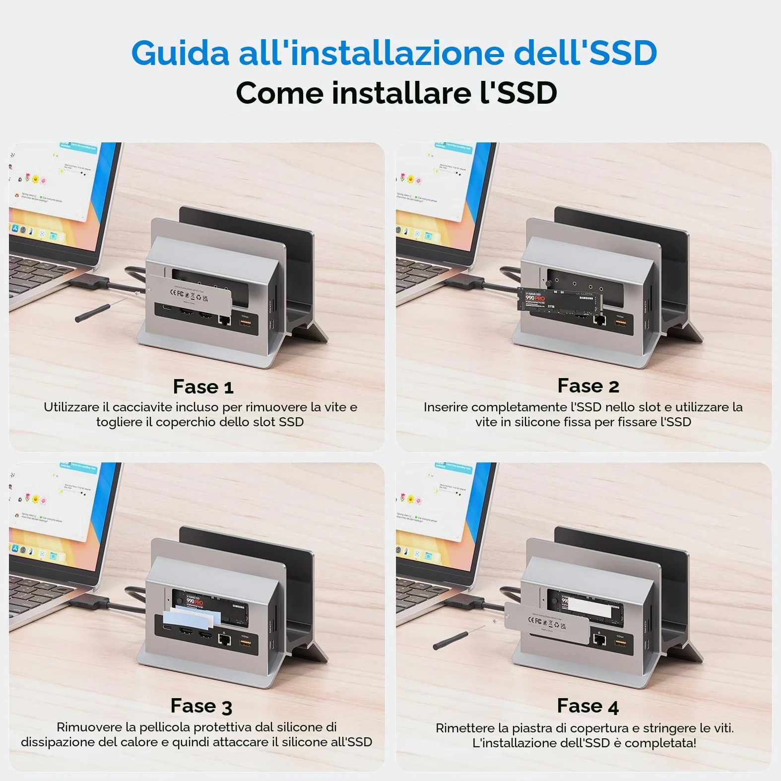 MacBook Docking Station Dual Monitor, Docking Station USB C per laptop con 2 HDMI 4K@60Hz, USB A/C 10Gbps, PD, Ethernet, M.2 SSD Case, Vertical Dock Stand SD/TF per MacBook Pro Air M3 M4 M5