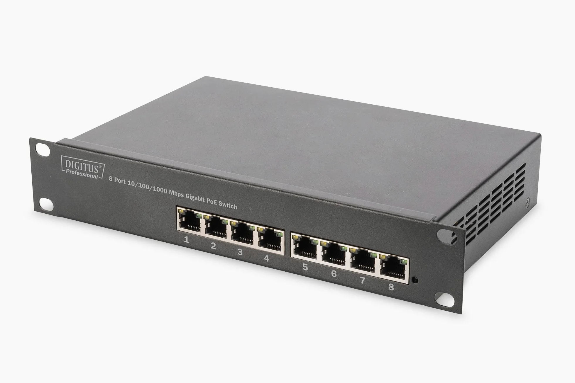 DIGITUS Switch Gigabit Ethernet PoE+, 10 pollici, 8 porte, Non gestito, IEEE 802.3at, 96 Watt di budget di potenza, Nero