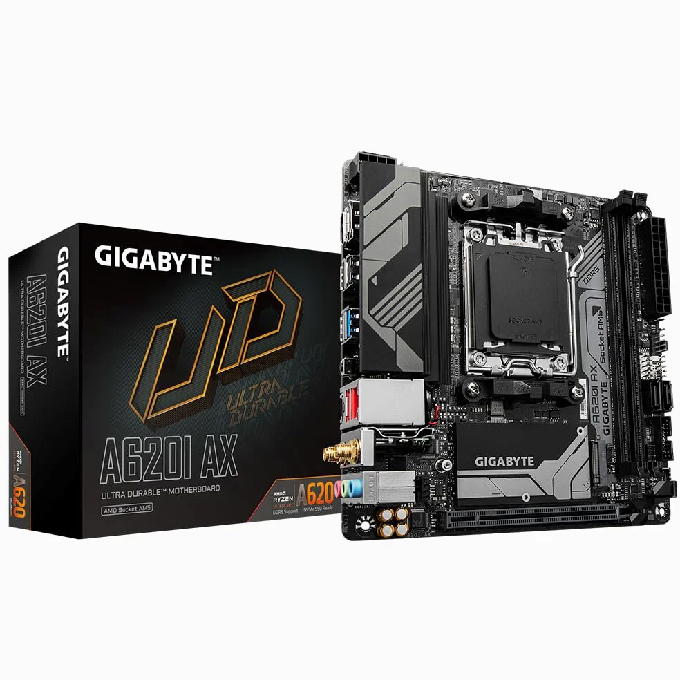 GIGABYTE A620I AX Scheda madre - Supporta CPU AMD Ryzen 8000, VRM digitale a 5+2+1 fasi, fino a 6400MHz DDR5 (OC), 1xPCIe 4.0 M.2, Wi-Fi 6E, LAN 2.5GbE, USB 3.2 Gen 2