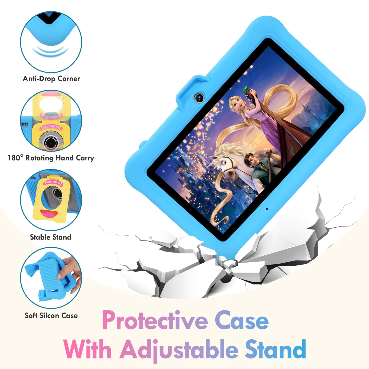 Tablet Bambini 7 Pollici Android, RAM 8 (3+5) GB, ROM 64 GB (TF 128 GB), GMS Certified, Apps Preinstallato, Educativo, Controllo Parentale, WiFi, Kid-Proof Custodia con Supporto Regolabile