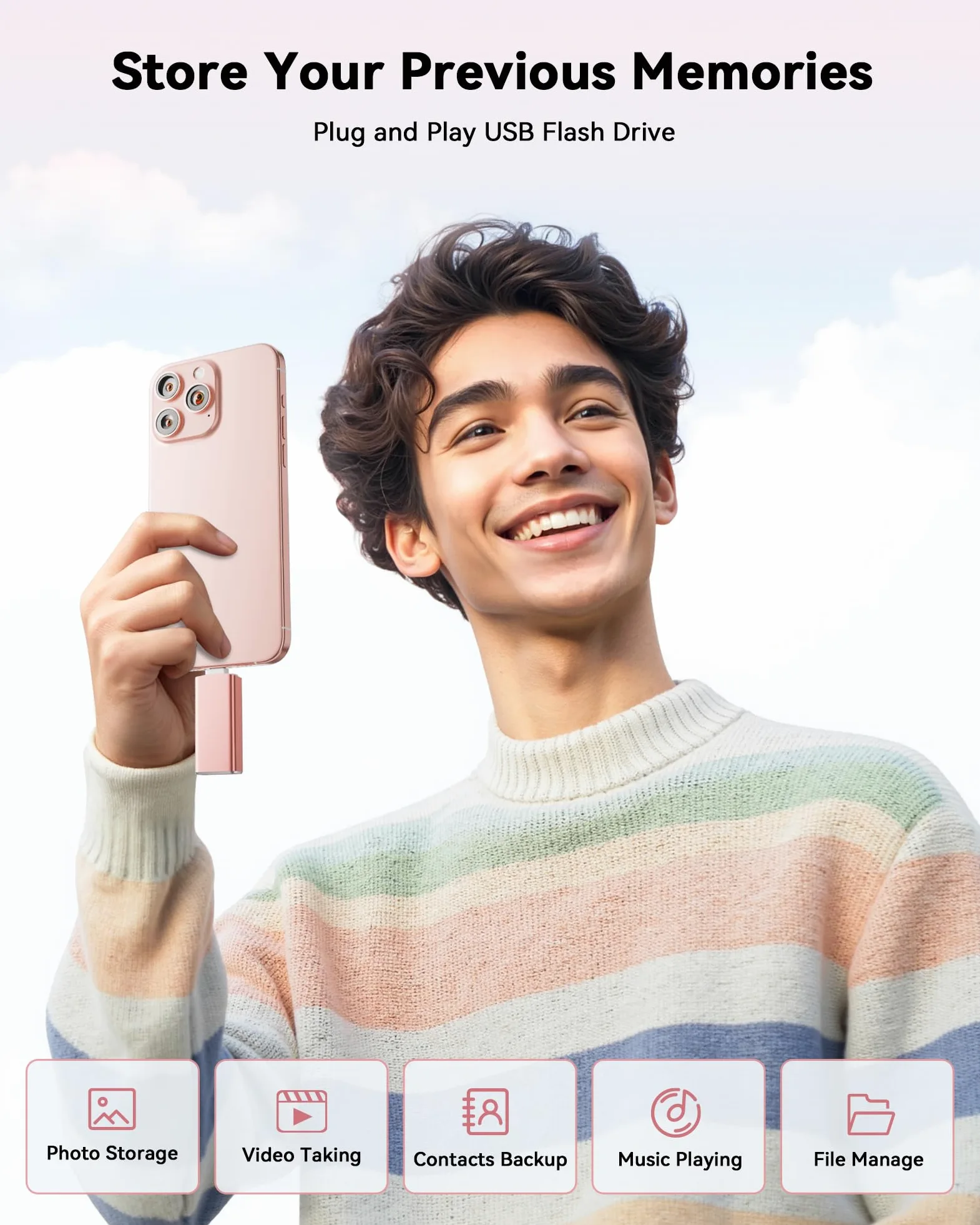 Chiavetta USB 3 in 1 certificata MFi per archiviazione di foto e video (rosa)