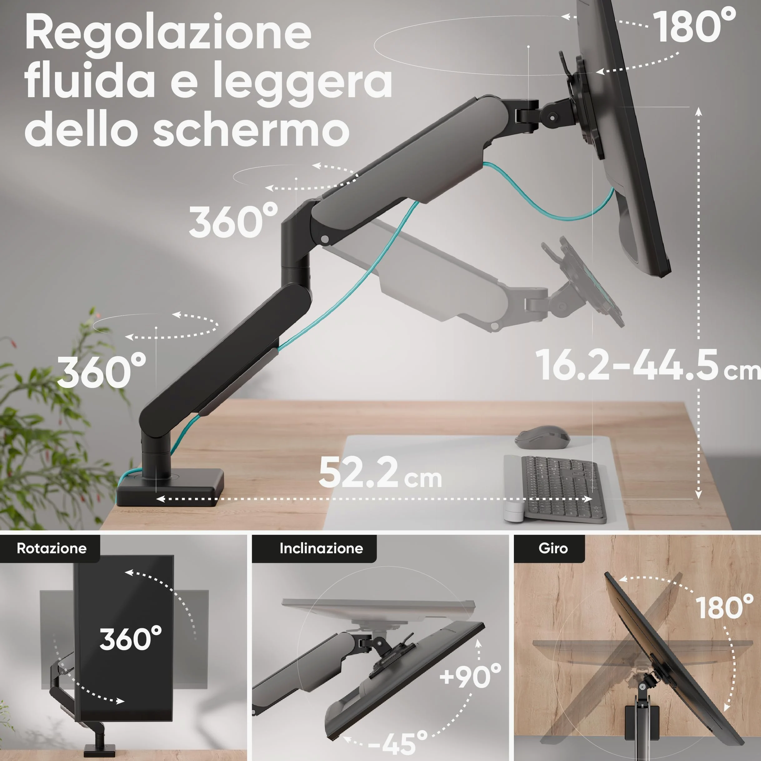 ONKRON Supporto Monitor Scrivania 13-32 pollici, 2-9 kg, Braccio Monitor VESA 75x75-100x100, Supporto Schermo PC Snodabile, Porta Schermo PC da Scrivania Regolabile in Altezza, Universale, Nero G50-B