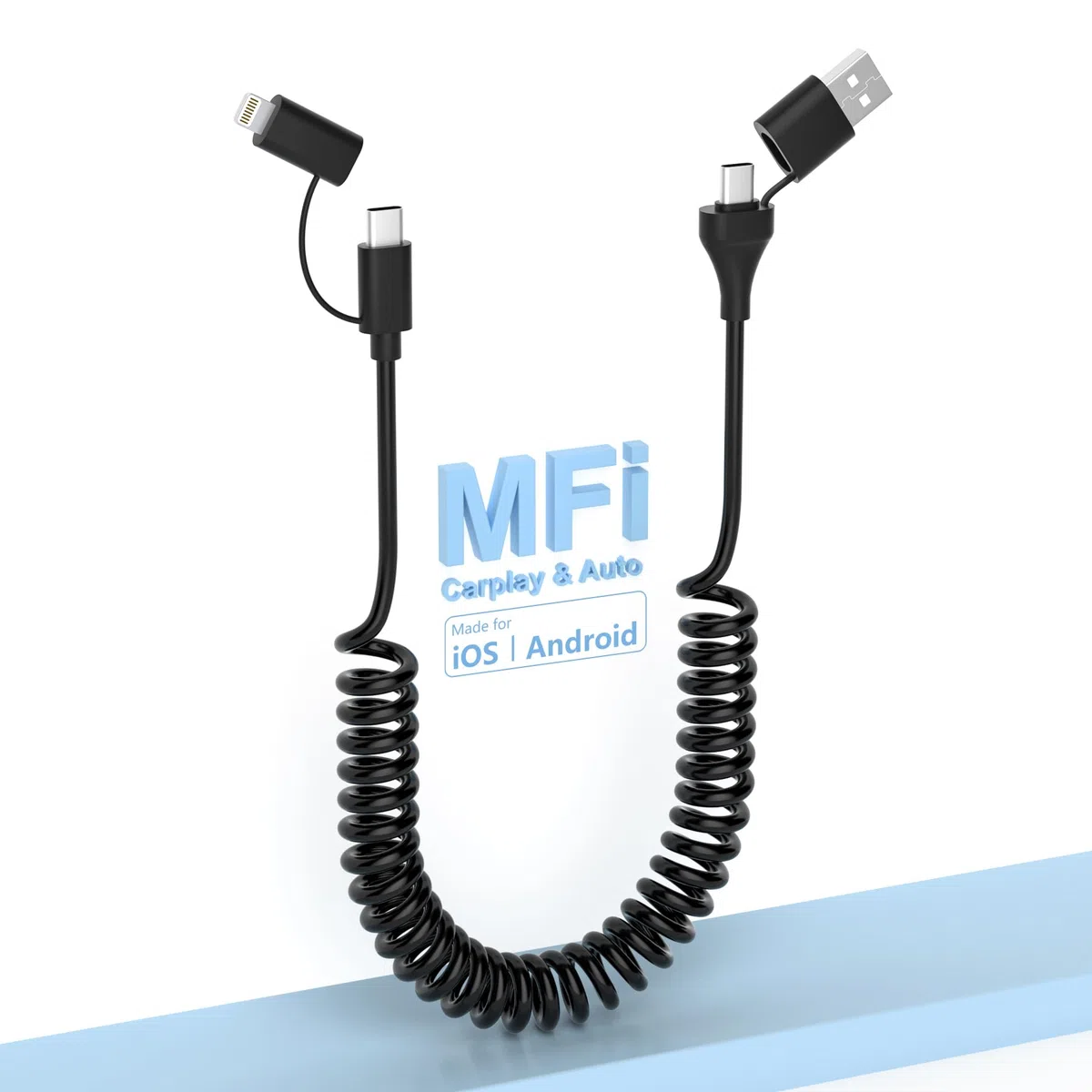 Cavo USB C e Lightning 4 in 1 [Certificato MFi] iPhone CarPlay e Android Auto, ricarica rapida e sincronizzazione dati da 60 W, cavo di ricarica multiplo a spirale per iPhone/Android/iPad/laptop