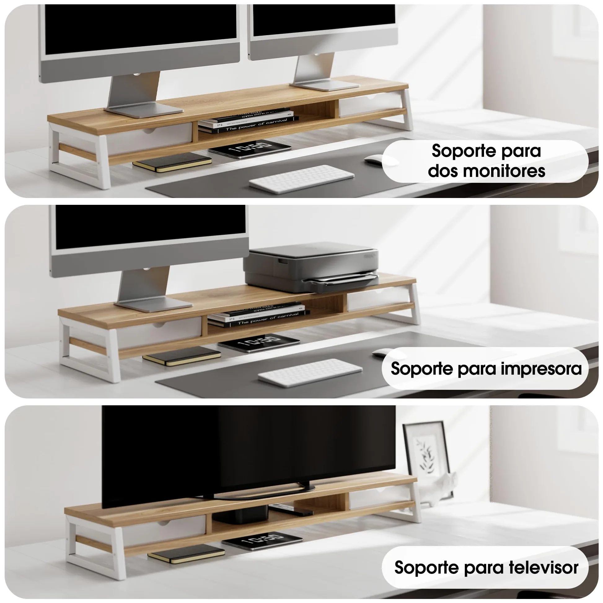 Fenge Supporto doppio per monitor con 2 cassetti in acrilico, 2 ripiani, 108 cm, per PC, laptop, fax, stampante, TV, portata 45 kg (rovere scuro)