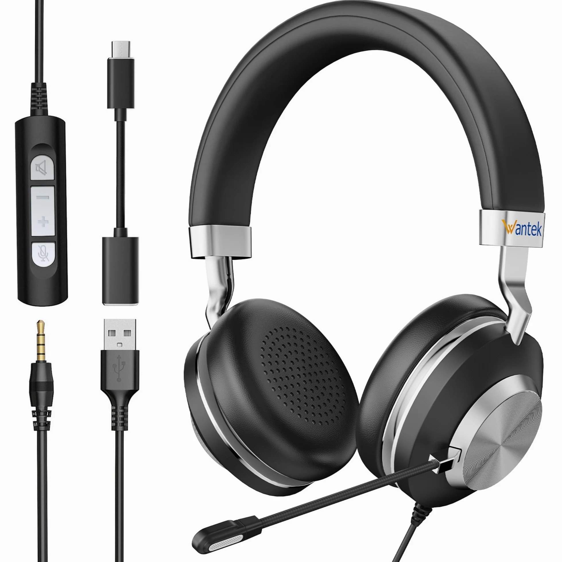 Wantek Cuffie USB con Microfono e Cancellazione Rumore,3-in-1 (USB A/Tipo C/Jack 3,5 mm) Cuffie con Filo per PC,Controllo Volume,Perfette per Call Center, Zoom,Home Office e Lezioni Online