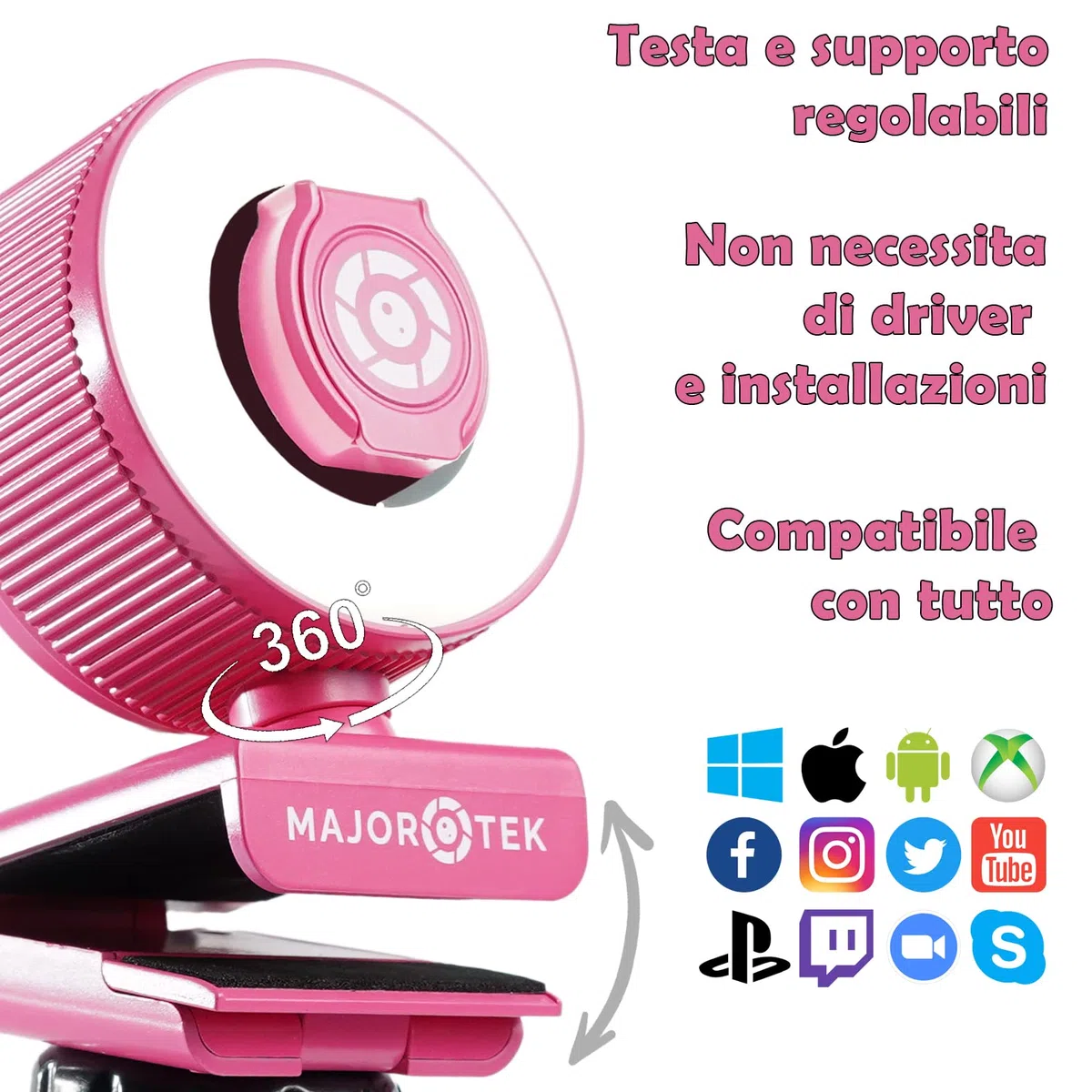 Web cam 2K Ultra Risoluzione Funny Webcam Pink Certificazione CE e ROHS Luce Led Regolabile Ad Anello Privacy Cover Treppiede Webcam Pc con Microfono