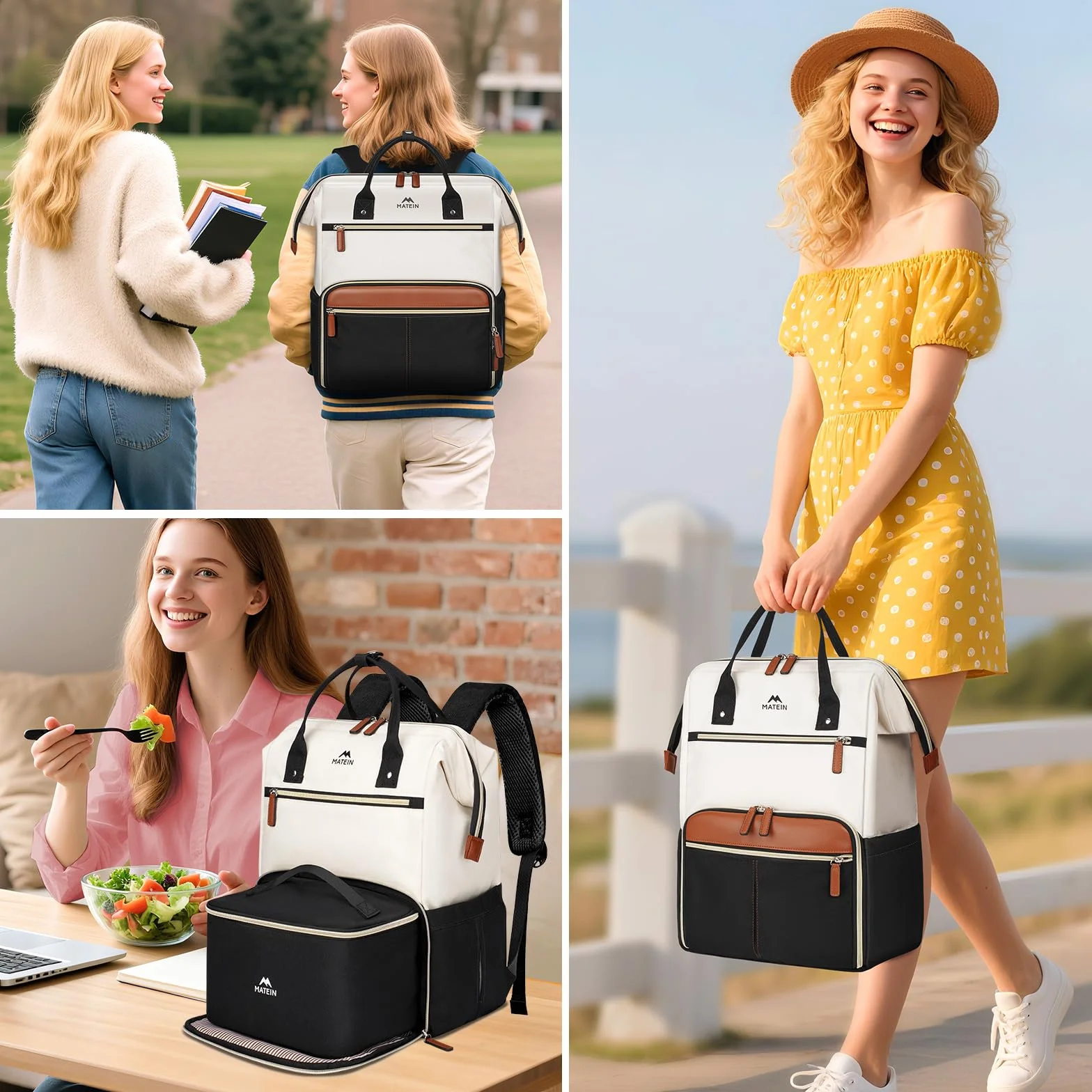 MATEIN Zaino PC 15,6 Pollici con Borsa Termica Porta Pranzo Rimovibile, Zaino Lavoro Donna Antifurto per Insegnanti e Infermiere, Multitasche Zaini da Viaggio Aereo per Ufficio, Università, Beige kaki