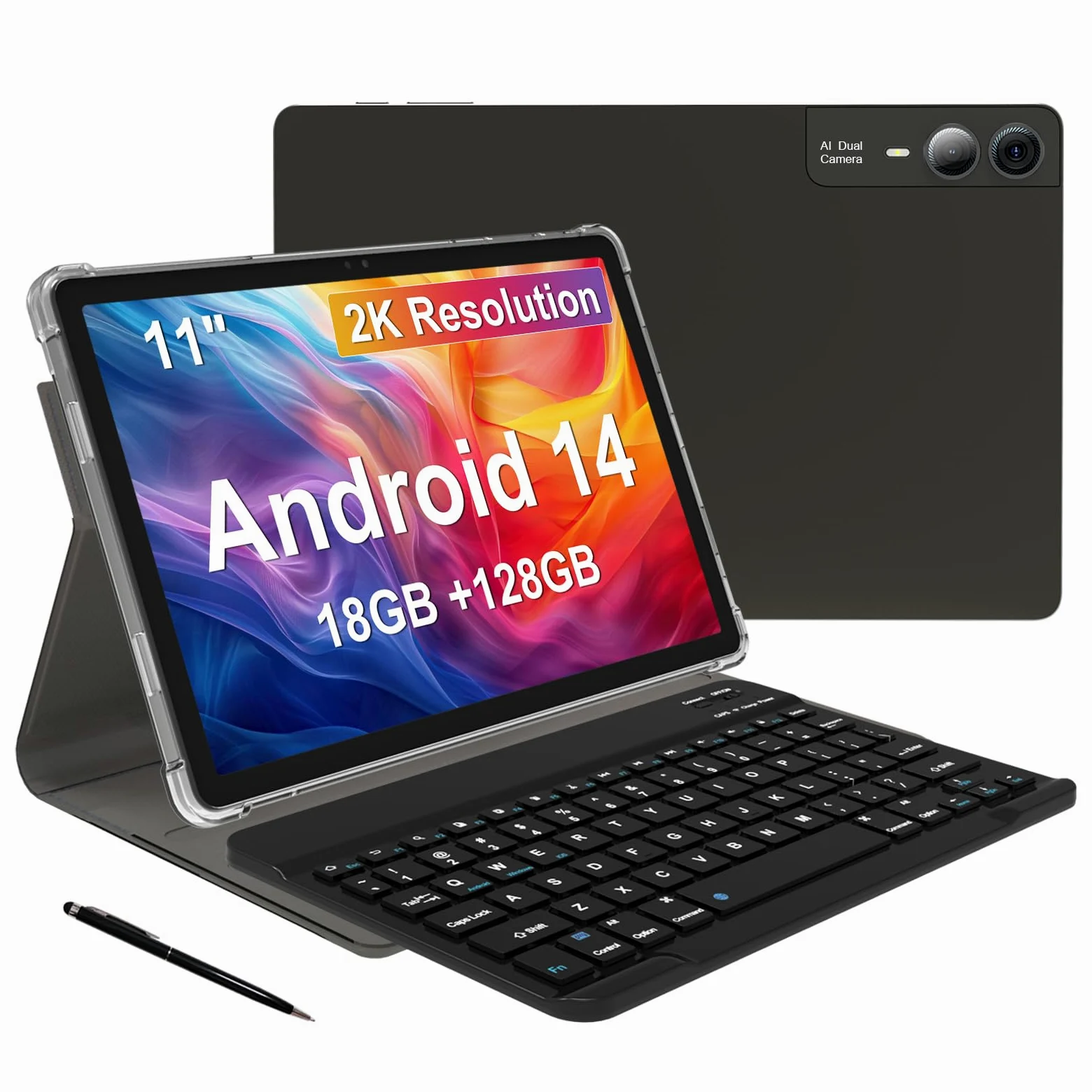Tablet da 11 pollici Android 14 2000*1200 2K Display Tablet PC, T616 Octa-Core 2.0GHz, 18GB RAM 128GB ROM 1TB espandibile, fotocamera AI 5+5+13MP, 9000mAh, 5G WiFi, con tastiera, custodia, 4