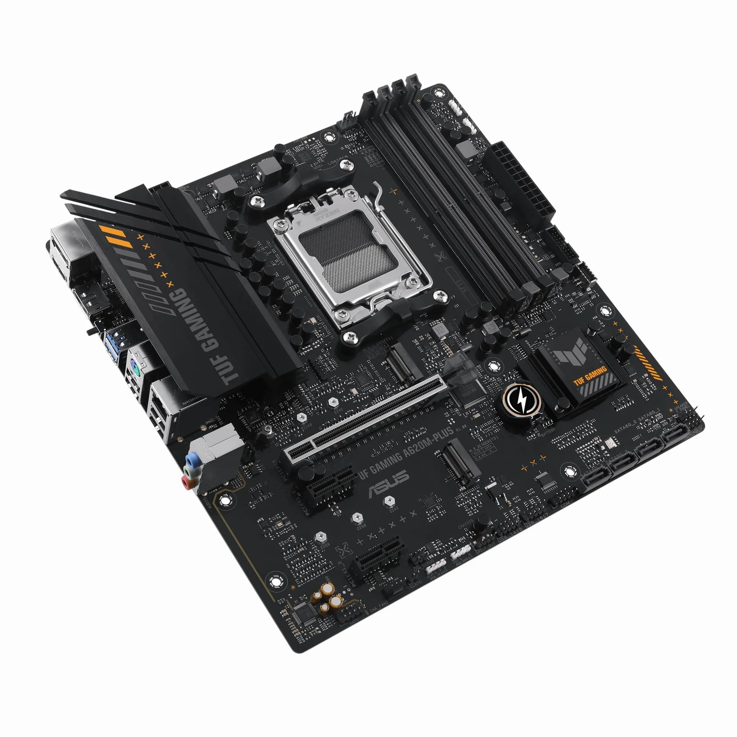 ASUS TUF GAMING A620M-PLUS Scheda madre AMD mATX, DDR5, 2 slot M.2 PCIe 4.0, Q-Latch, Ethernet Realtek 2.5Gb, 2 DisplayPort, HDMI, USB 3.2 Gen 1 Type-C, BIOS FlashBack, Cancellazione rumore, Aura Sync