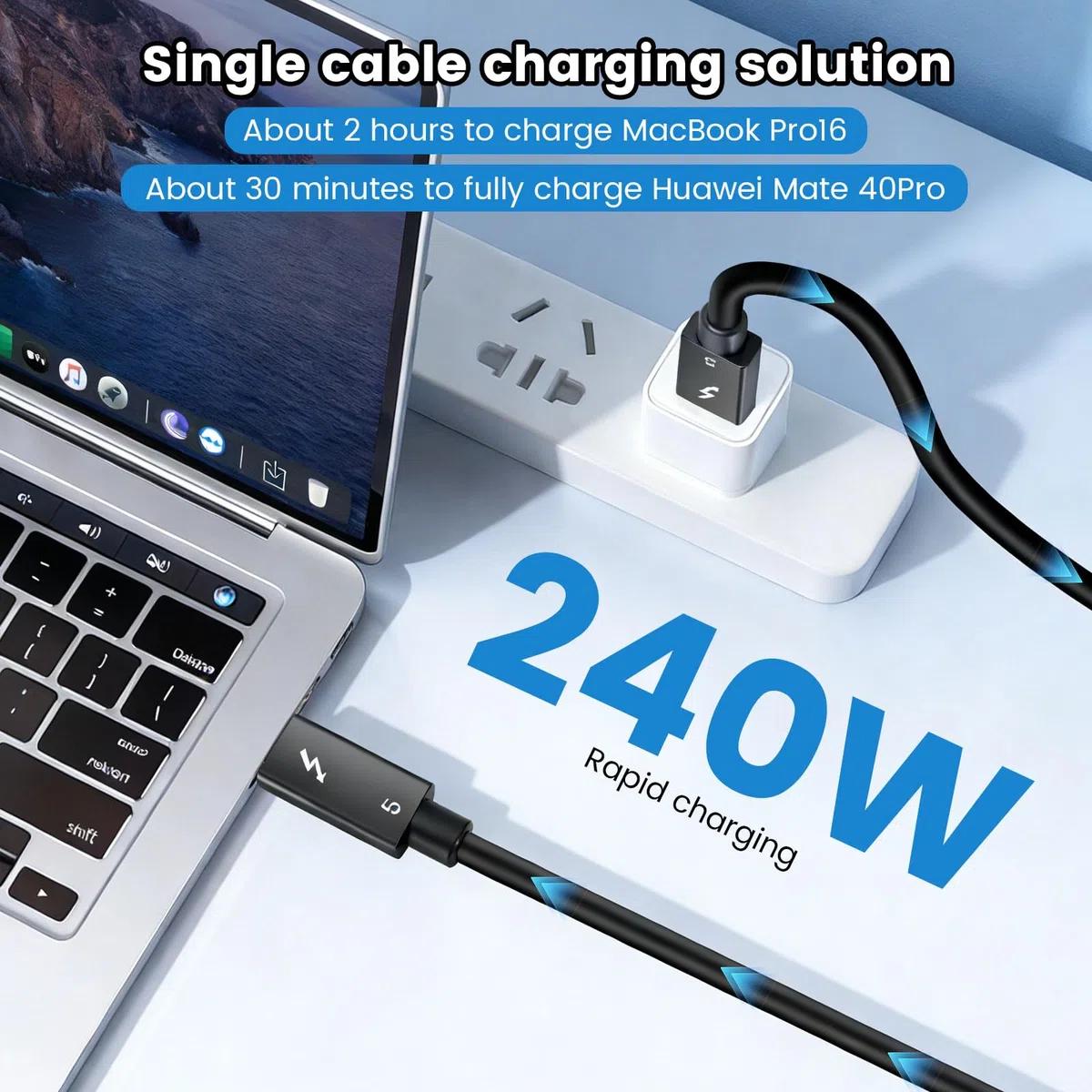 Thunderbolt 5 cavi Ultra High Speed 80Gbps USB C Thunderbolt 5 cavo con ricarica rapida PD da 240 W, display da 16 K/8 K, 5 cavi per MacBook, laptop, monitor, docking station e dispositivi USB-C (0,5