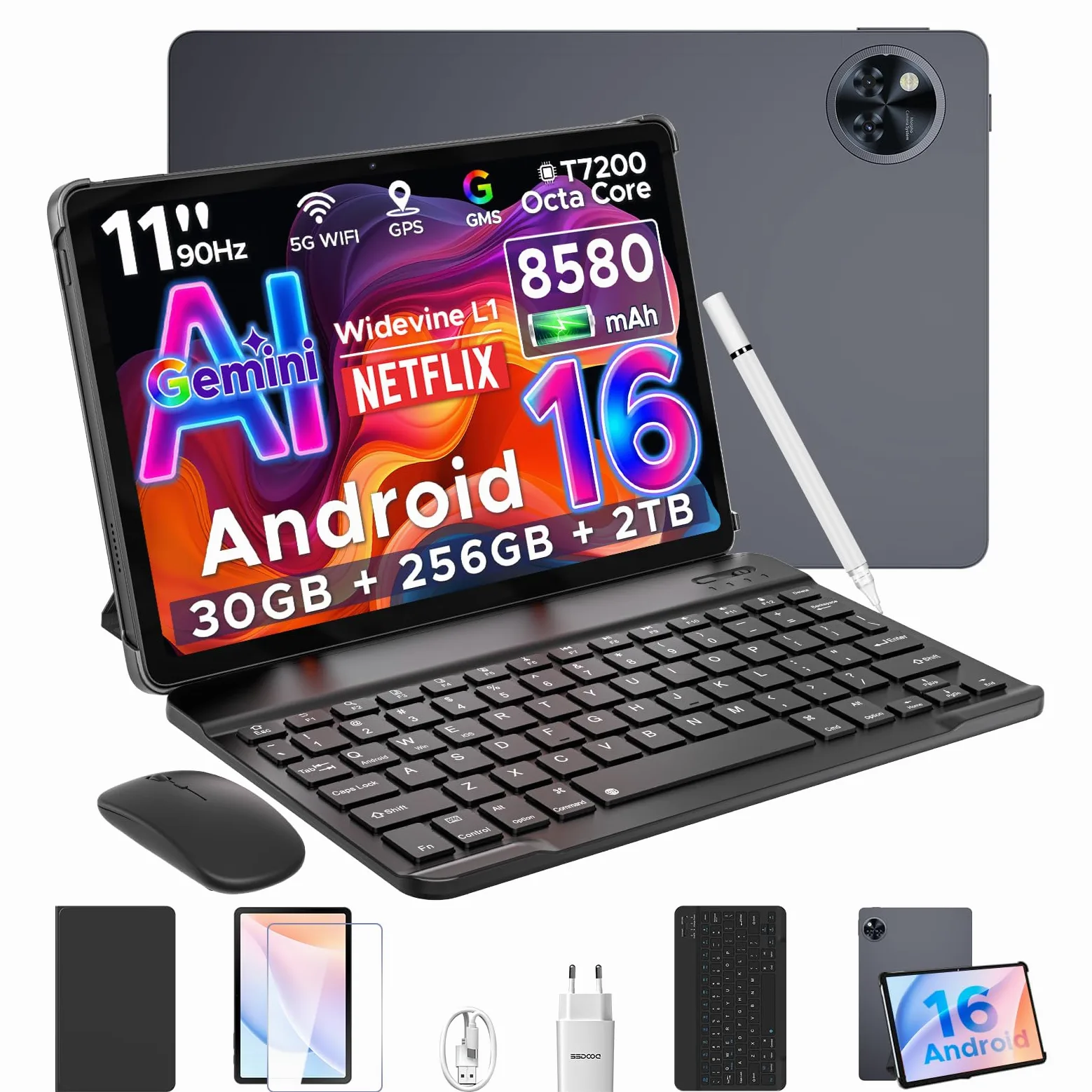 U11 PRO Android 16 Tablet 11 Pollici, 30GB+256GB/2TB Tablet con Tastiera, 8580mAh, T7200 Octa Core, Gemini AI Tablets con Pennae & Mouse & Case, 90Hz 1080P, 13MP+5MP, Widevine L1/WIFI 5 /Face ID/OTG
