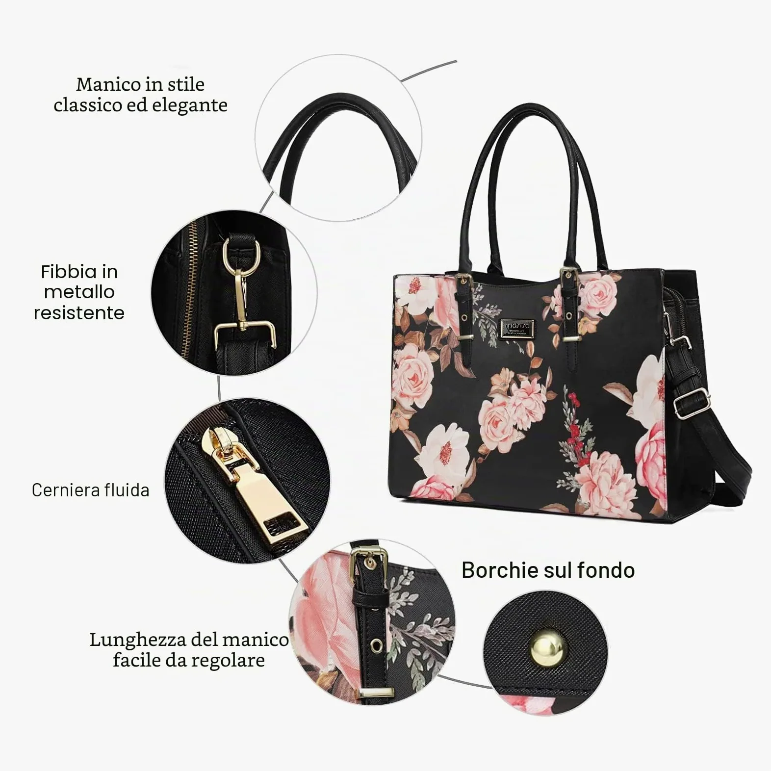MOSISO Borsa Per Laptop Compatibile con MacBook Pro 16 2026 M5 A2485 A2141 | per M5-M1 2025-2019,Notebook 15-15,6'',Peonia Impermeabile Pu Pellelavoro Di Viaggio Valigetta Manico in Pu Regolabile,Nero
