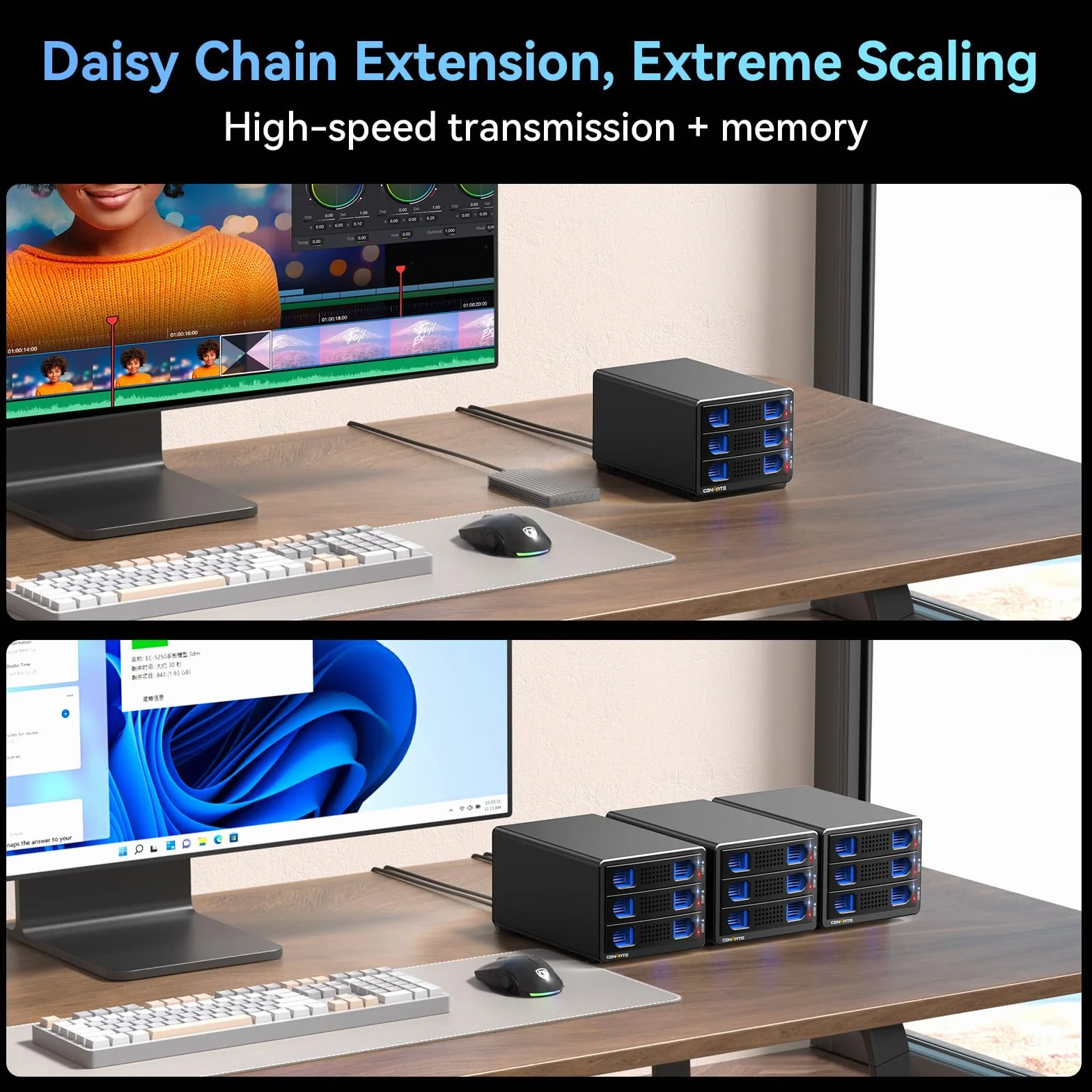 Alloggiamento Dischi Rigidi, Case 3 Bay Alluminio 10Gbps con Ventola per HDD/SSD SATA 2,5/3,5, Cavo USB A/C 3.2 con Sostituzione a Caldo, Alloggiamento HDD Senza Attrezzi, DAS (senza RAID/NAS)