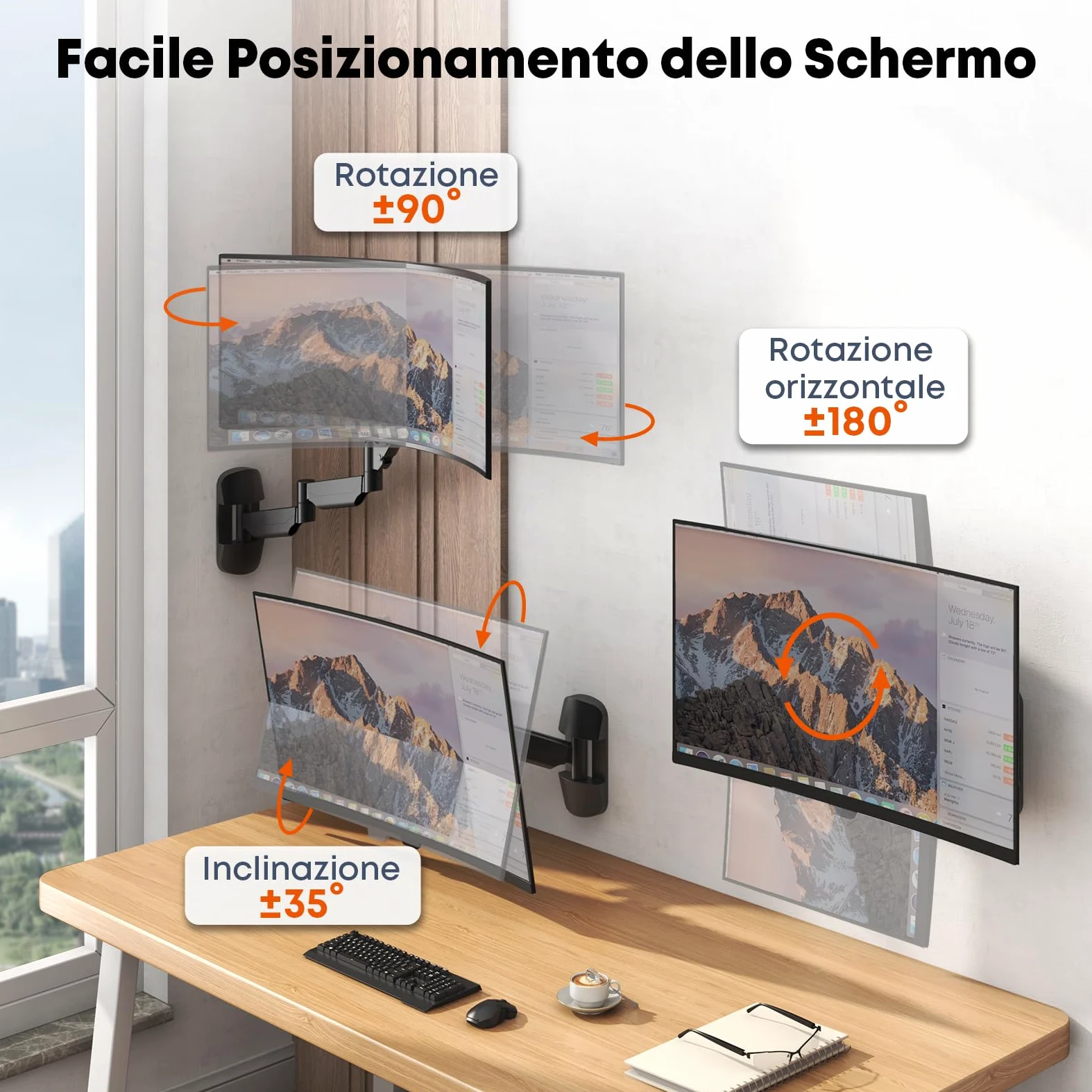 Braccio da Parete per Monitor 17-32 Pollici - Supporto Extra Lungo con Ammortizzatore a Gas Regolabile, per Schermi LED/LCD/TV fino a 9 kg, VESA 75/100, Nero