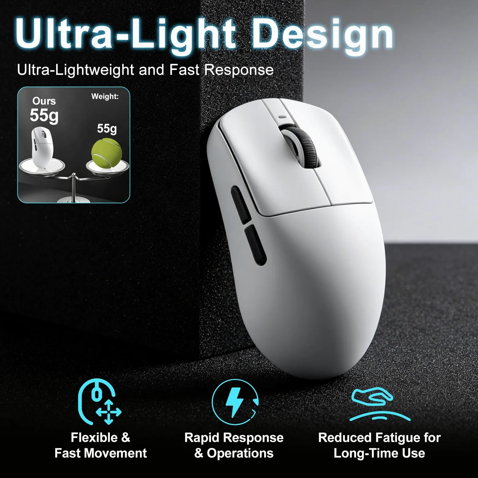 R1 SE+ Mouse da gioco wireless, 18000 DPI, sensore PAW3395SE ad alta precisione, leggero 55 g, tre modalità di connessione, mouse ergonomico programmabile, adatto per laptop/PC/Mac (bianco)