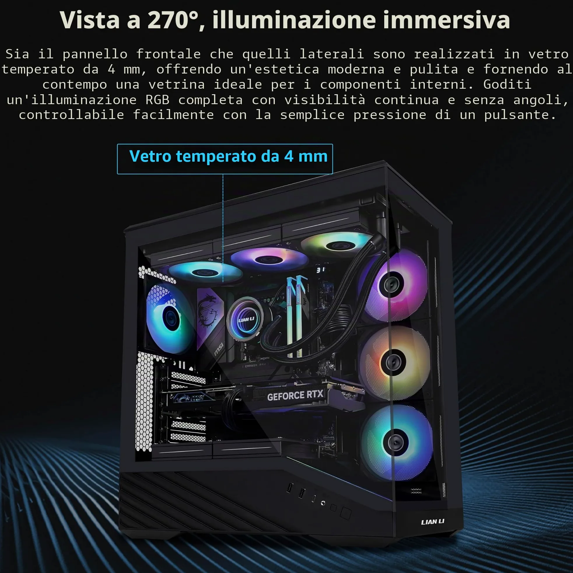 Lian Li Case per PC Mid-Tower V100 ATX, striscia LED RGB, design della piattaforma display con vetro temperato, supporto GPU da 415 mm, radiatore da 360 mm, I/O laterale e flusso d'aria ottimizzato