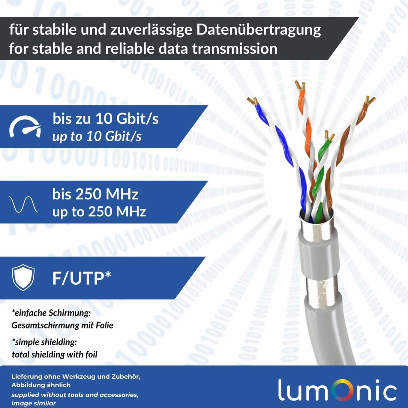 Lumonic LAN Cavo di rete 100m | LAN Cavo CAT6 F/UTP | Cavo Patch 4x 2x AWG26/7 (incagliato) | 250MHz 10 Gbit/s Ethernet