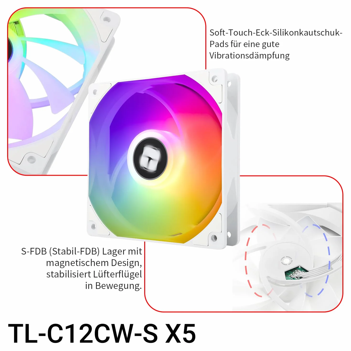 TR-Thermalright TL-C12CW-S X5 Ventola PWM ARGB per CPU da 120mm, Raffreddamento silenzioso a 1550RPM, Ventola CPU bianca confezione da 5, Abbinabile a case/dissipatore CPU