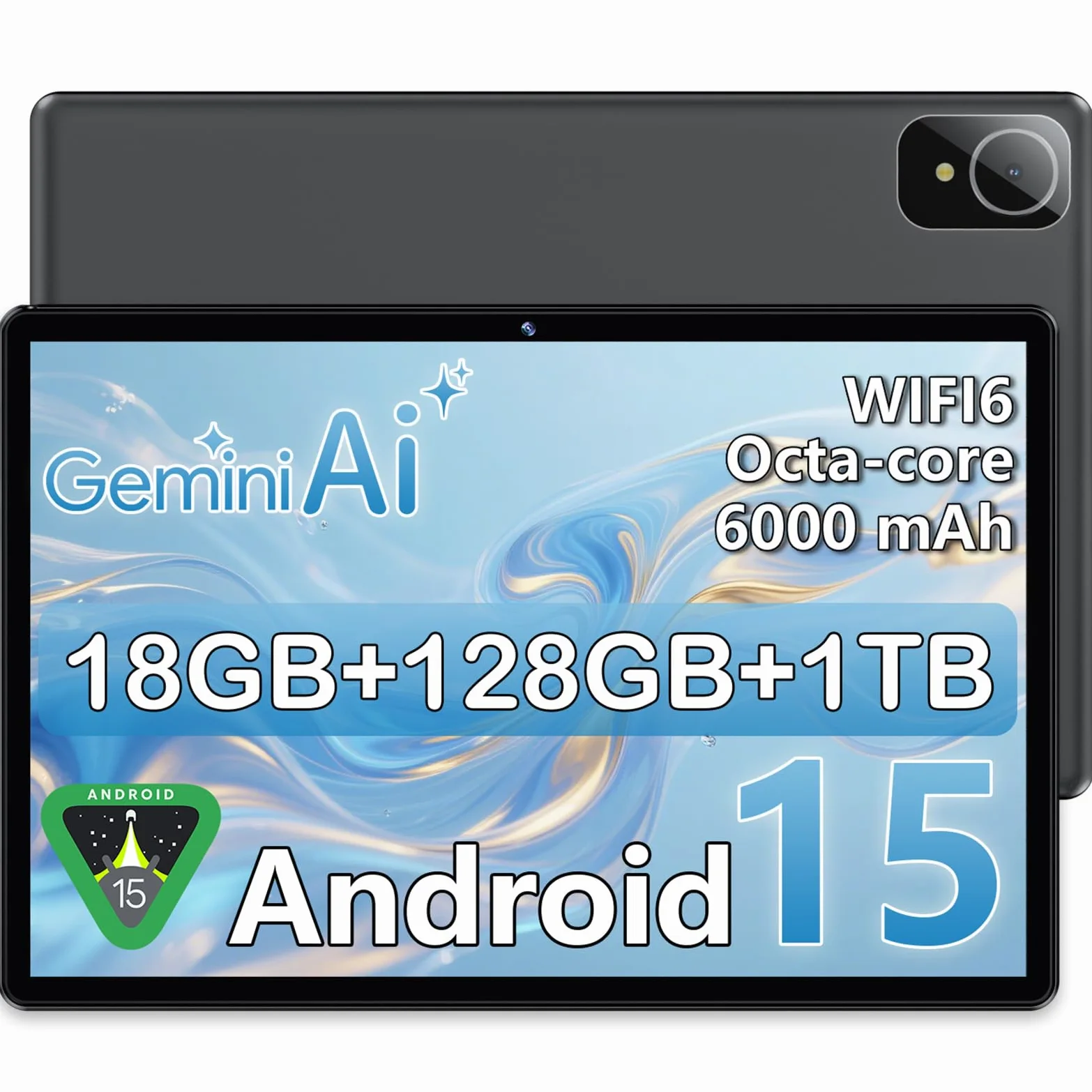 Tablet Android 10.1" Android 15, 18GB RAM (6+12) + 128GB, T30 Octa-Core, 1TB Espandibile, WiFi 6, 6000mAh, Display IPS HD 1280×800, Widevine L1, GPS, Gemini AI