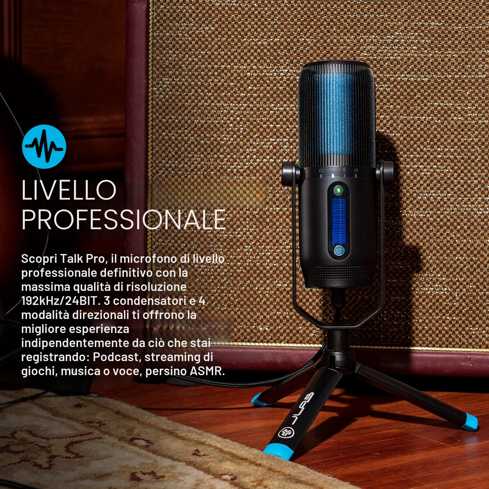 JLab Audio Talk PRO Microfono USB Plug and Play, Microfono per PC Portatile con Controllo Volume e Quick Mute - Microfono a Condensatore Professionale per Streaming, Podcasting e Gaming