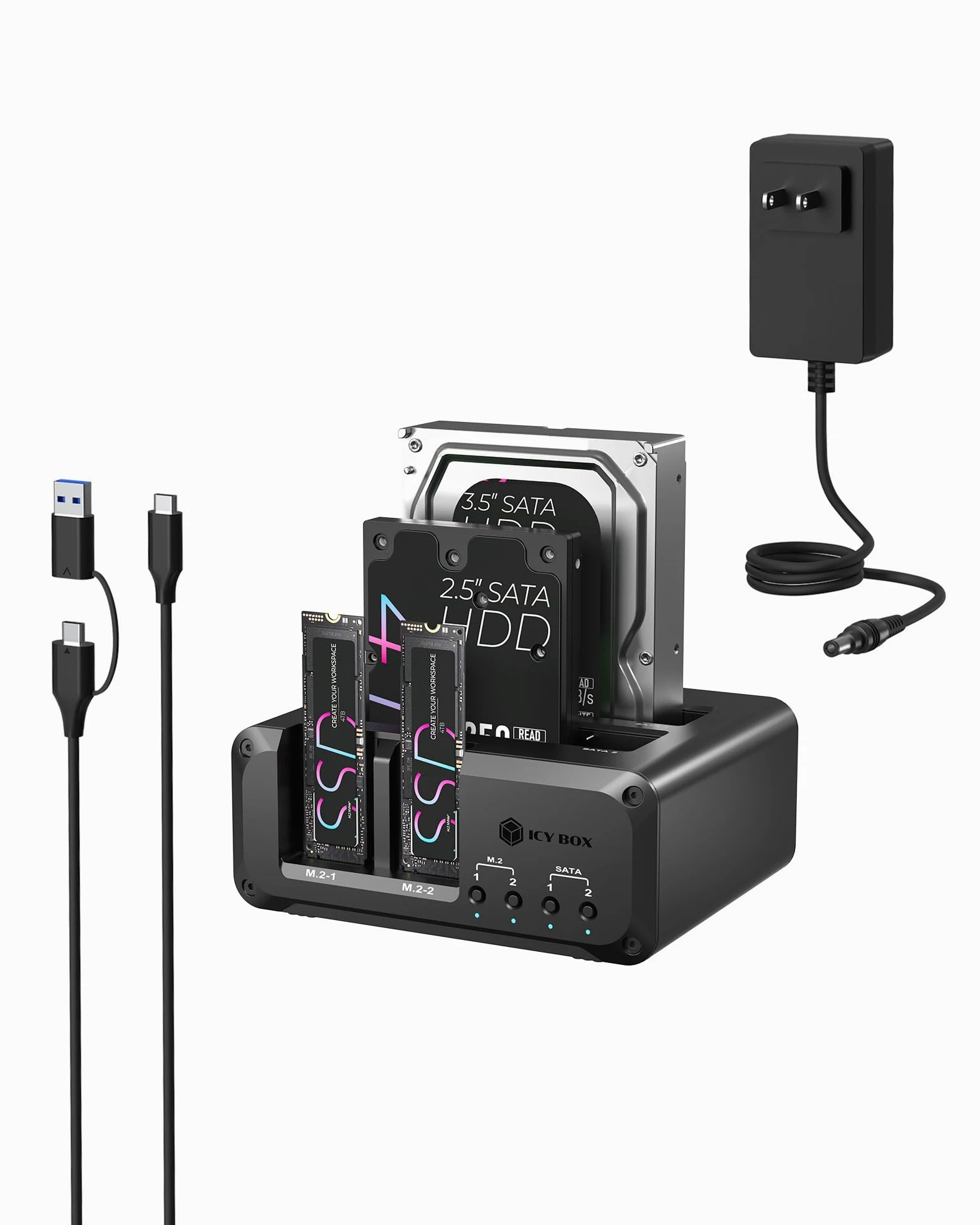 Docking station per dischi rigidi NVMe M.2 e SATA SSD/HDD a 4 alloggiamenti, lettore ICY BOX USB-C 10Gbps NVMe, SATA a M.2 NVMe, docking station per disco rigido 2.5/3.5 fino a 48 TB, interruttori di