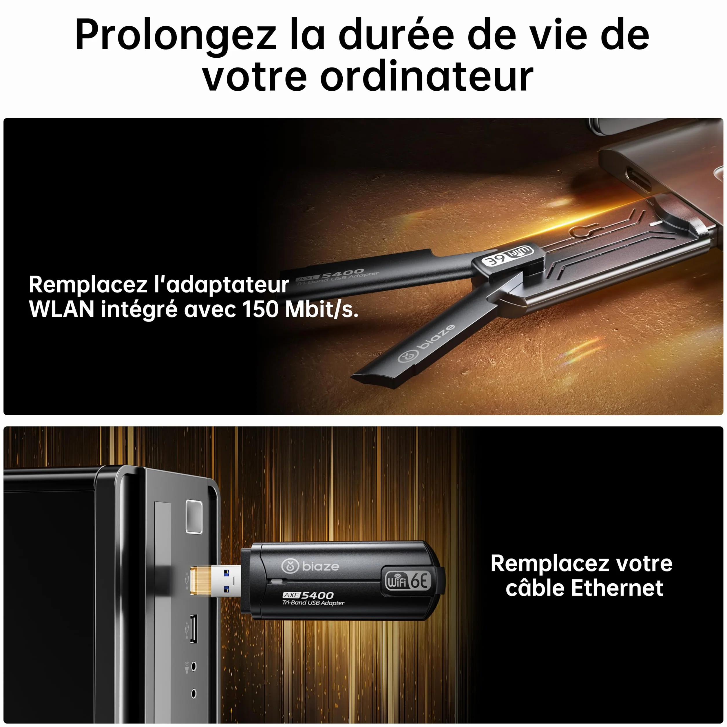 Adattatore Wireless WiFi 6E 5400 Mbps USB 3.0 - Adattatore WiFi dual band gaming per PC e laptop, scheda di rete WiFi 6E con antenna esterna (WiFi6E 5400 Mbit/s)