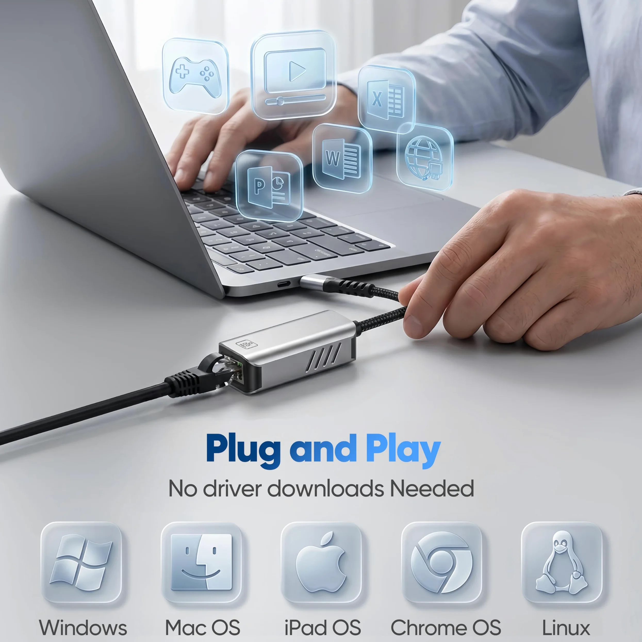 Adattatore da USB C a Ethernet da 5 GB, velocità di rete 5 Gigabit, in alluminio con design termico, tipo C, adattatore da USB C a Ethernet, compatibile con USB4, Plug & Play per MacBook